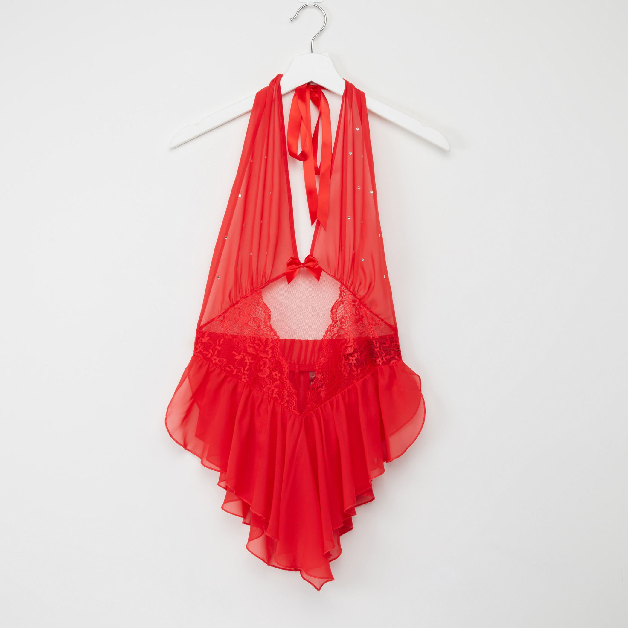 V-Neck Babydoll with Tie-Up and Mesh Detail-women-clothing-lingerie-babydollsandbodysuits-image-1