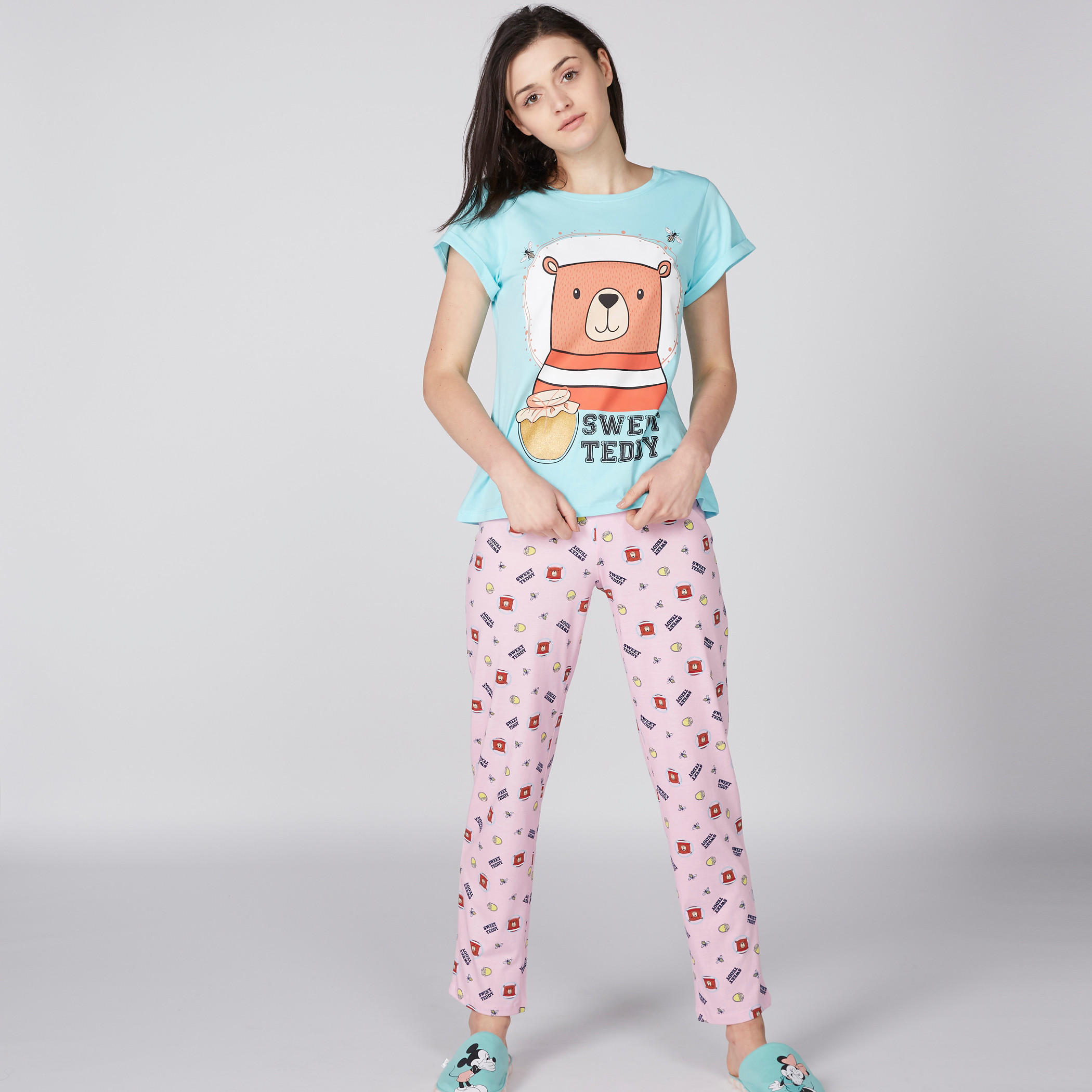 Printed Round Neck T-Shirt and Pyjama Set-women-clothing-nightwear-pyjamas-longsets-image-1