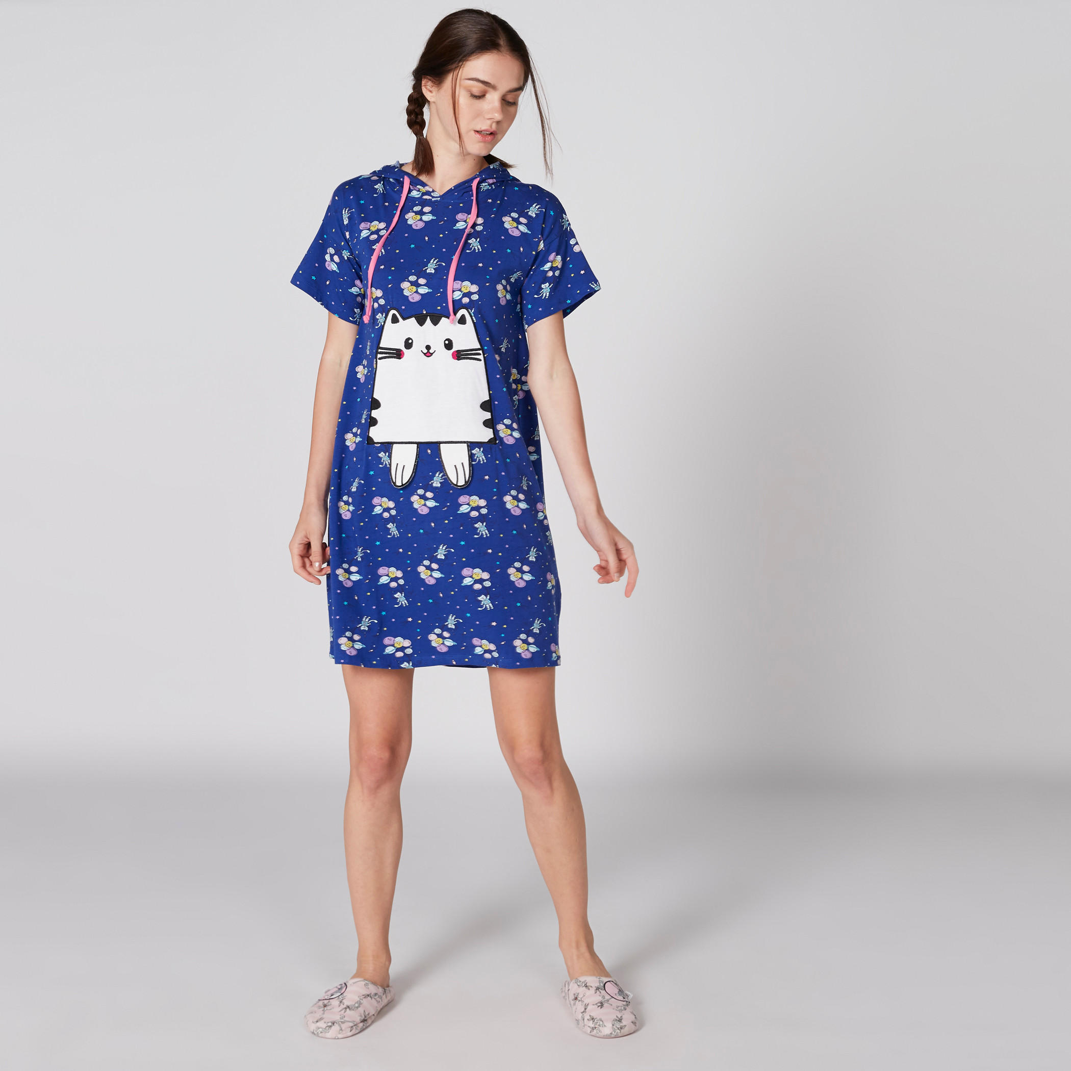 قميص نوم بأكمام قصيرة وطبعات مع قبعة-women-clothing-nightwear-pyjamas-tops-image-1