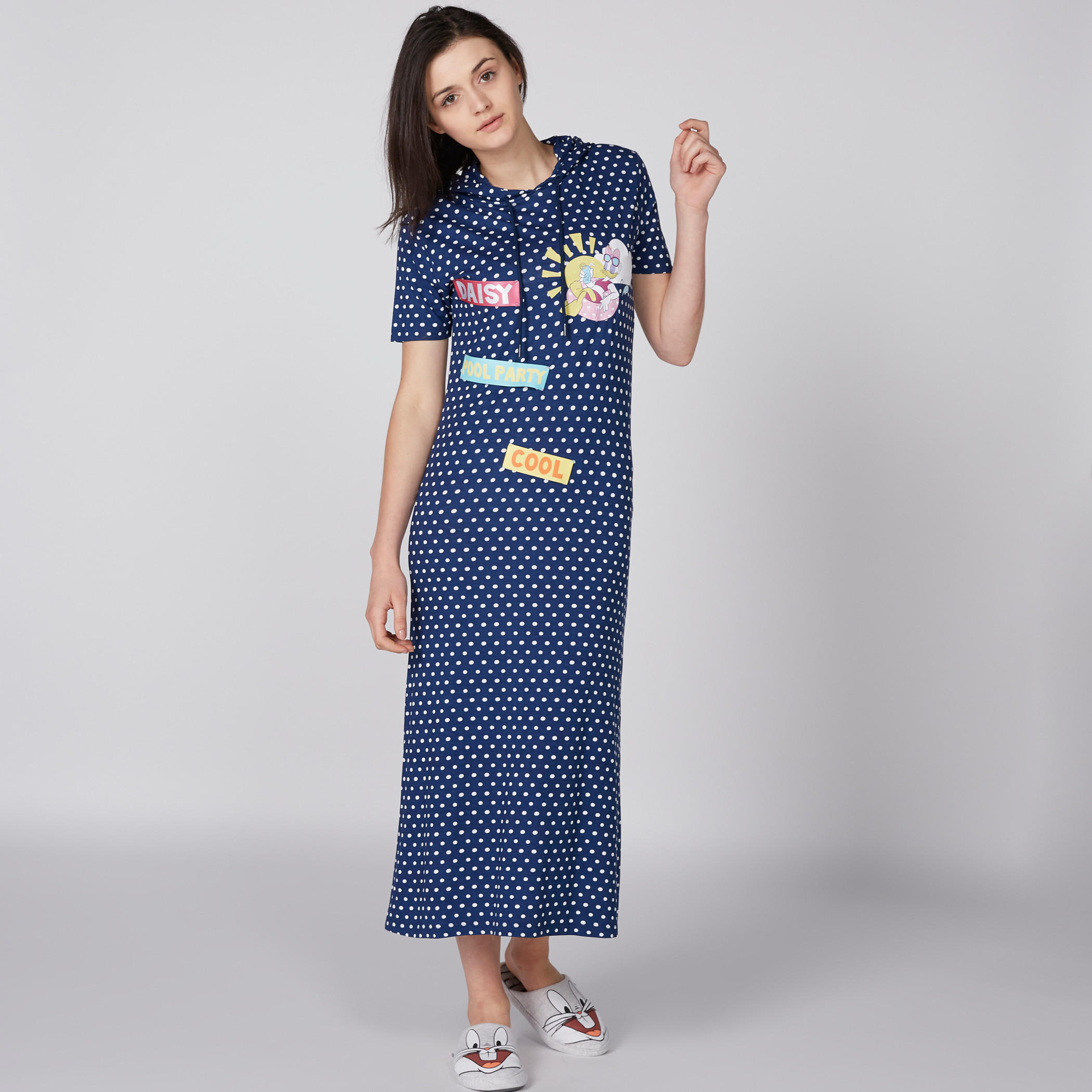 فستان بأكمام قصيرة وفتحة جانبية وطبعات مع قبعة-women-clothing-nightwear-nighties-image-2