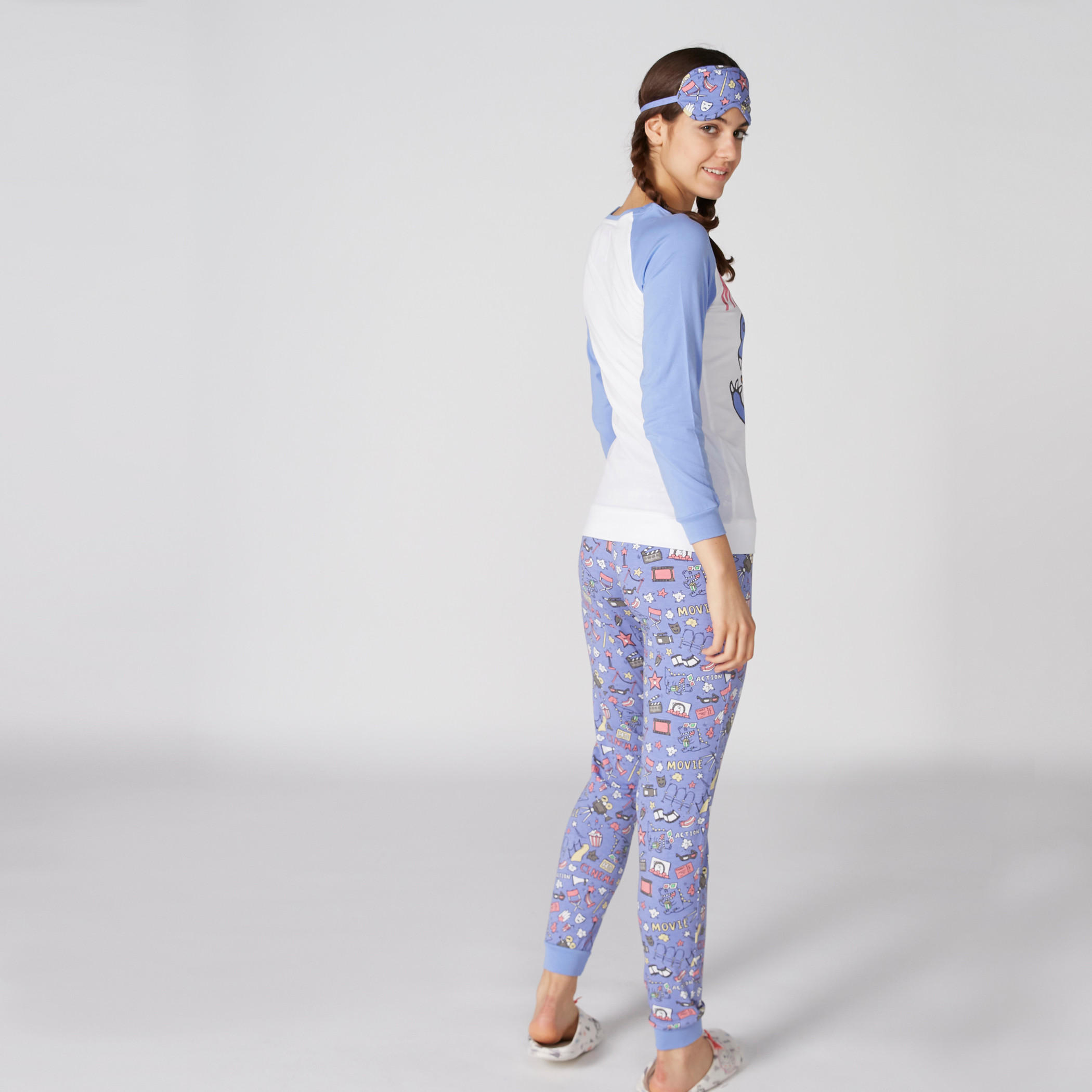 طقم بنطال بيجاما وتيشيرت بأكمام مغايرة وطبعات مع قناع للعين-women-clothing-nightwear-pyjamas-longsets-image-2