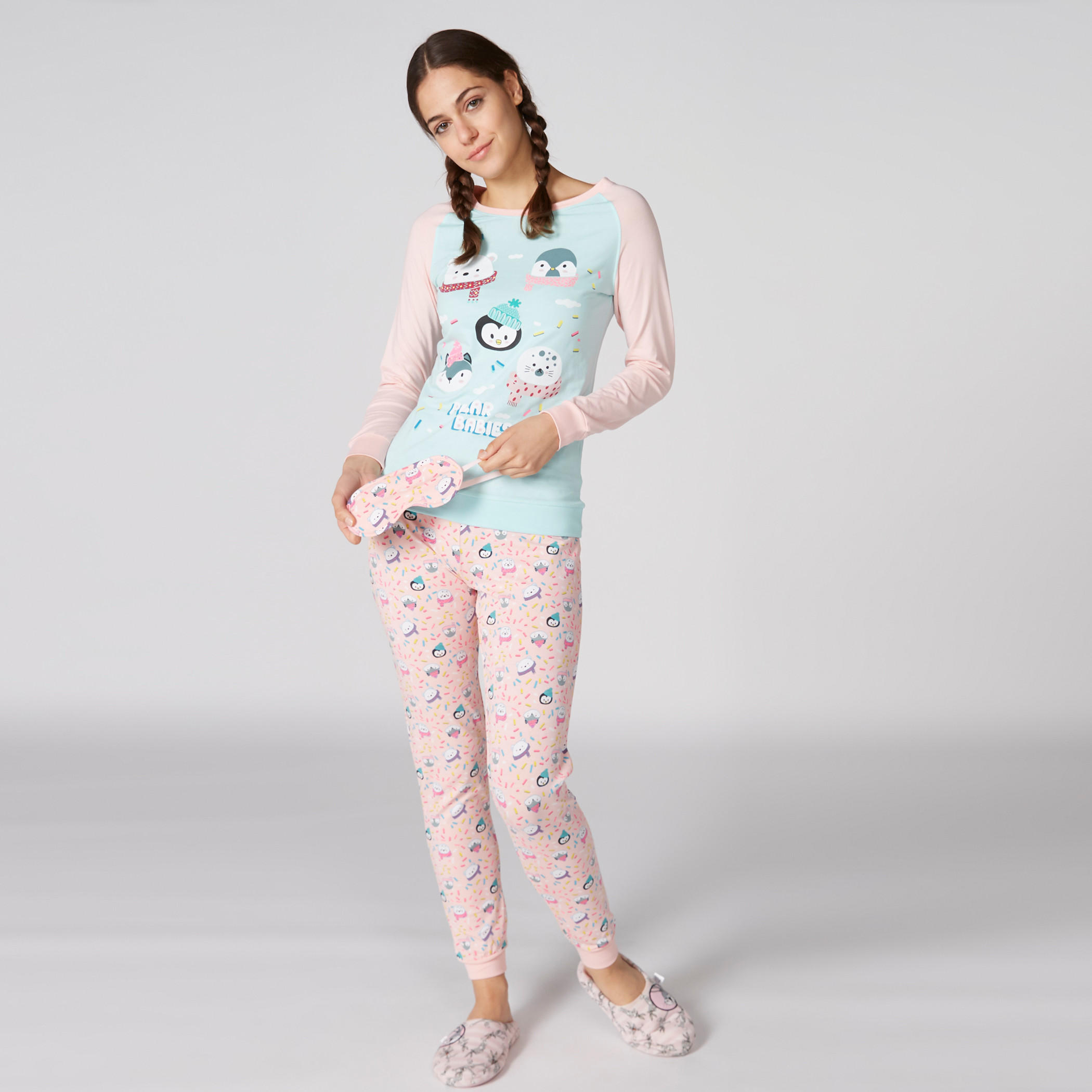 طقم بنطال بيجاما وتيشيرت بطبعات مع قناع للعين-women-clothing-nightwear-pyjamas-longsets-image-1