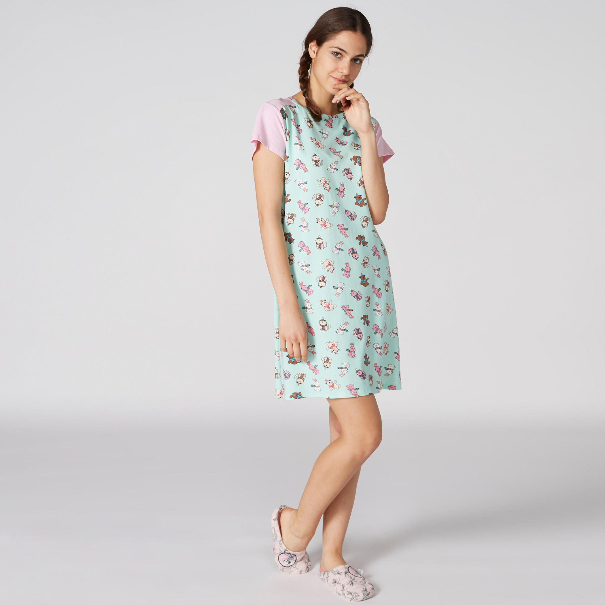 Printed Sleep Dress with Round Neck - Set of 2-women-clothing-nightwear-nighties-image-2
