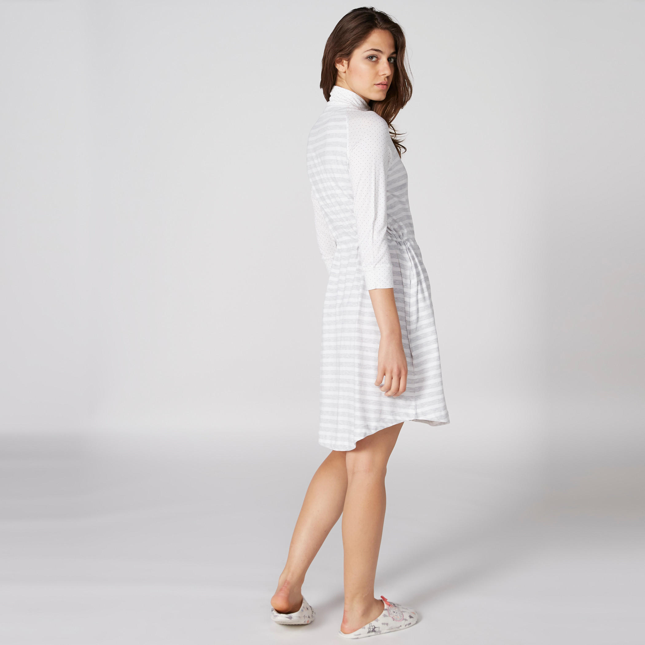 Striped 3/4 Sleeves Mini Dress with Pocket Detail and Tie Ups-women-clothing-nightwear-nighties-image-2