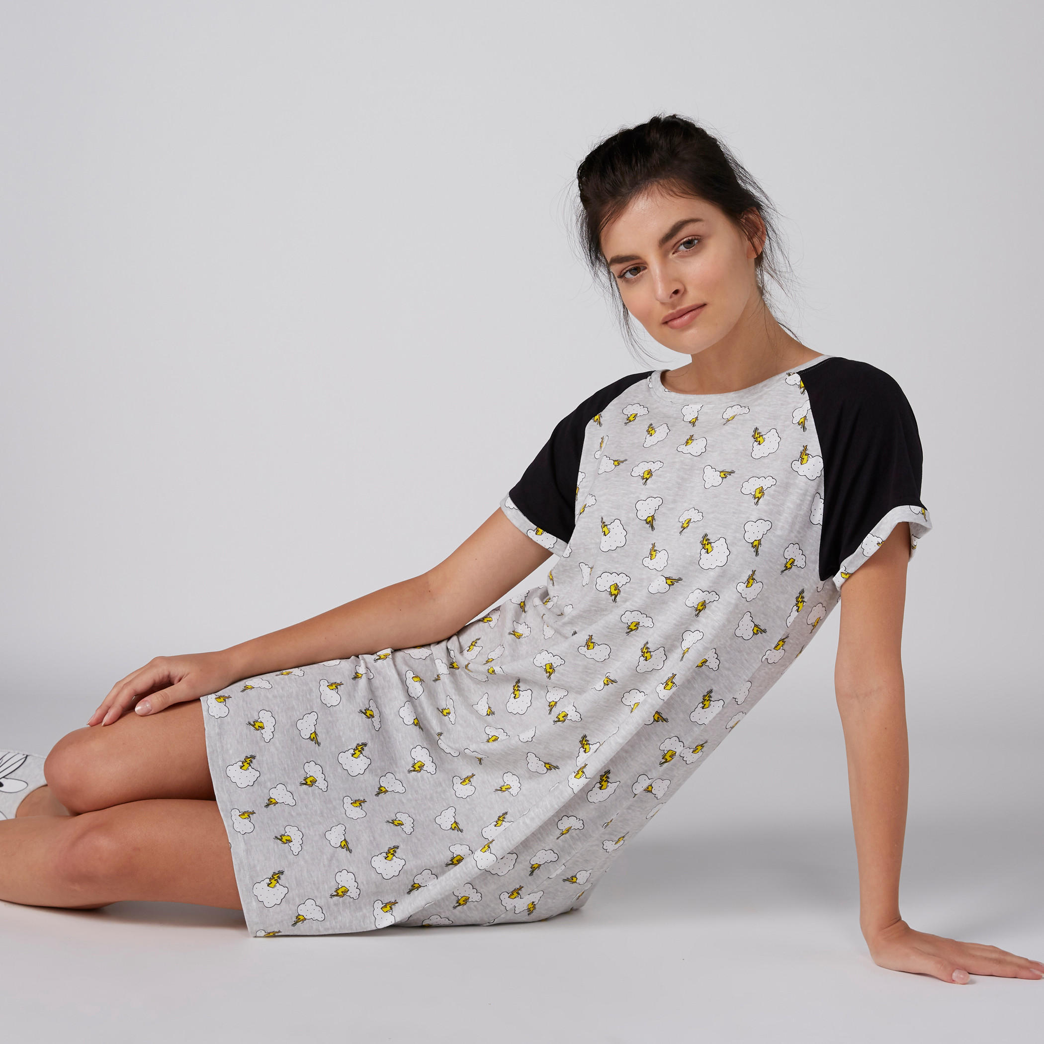 Printed Sleep Dress with Round Neck and Short Sleeves-women-clothing-nightwear-nighties-image-5