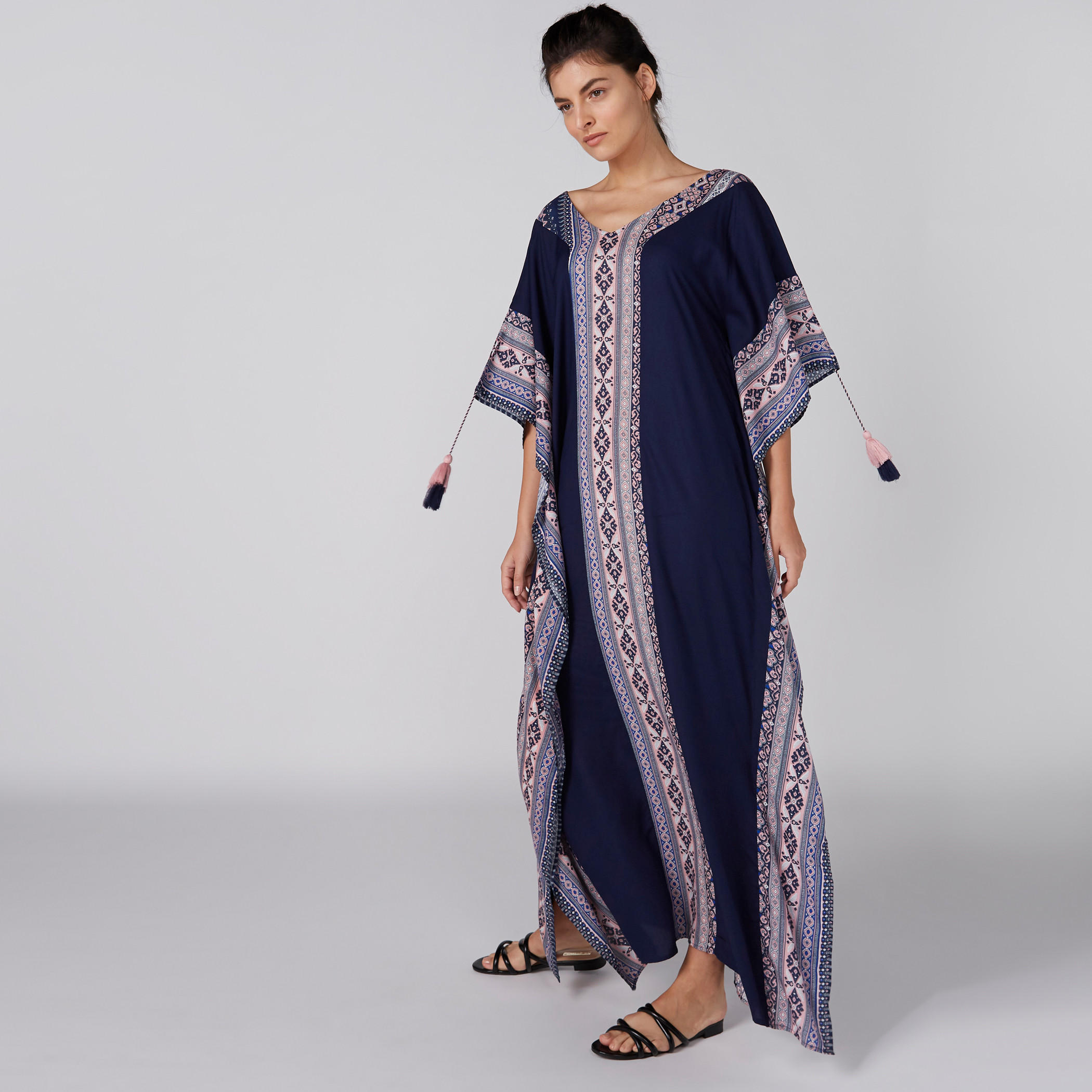 Printed Maxi Sleep Dress with V-Neck and Tassels-women-clothing-nightwear-nighties-image-1
