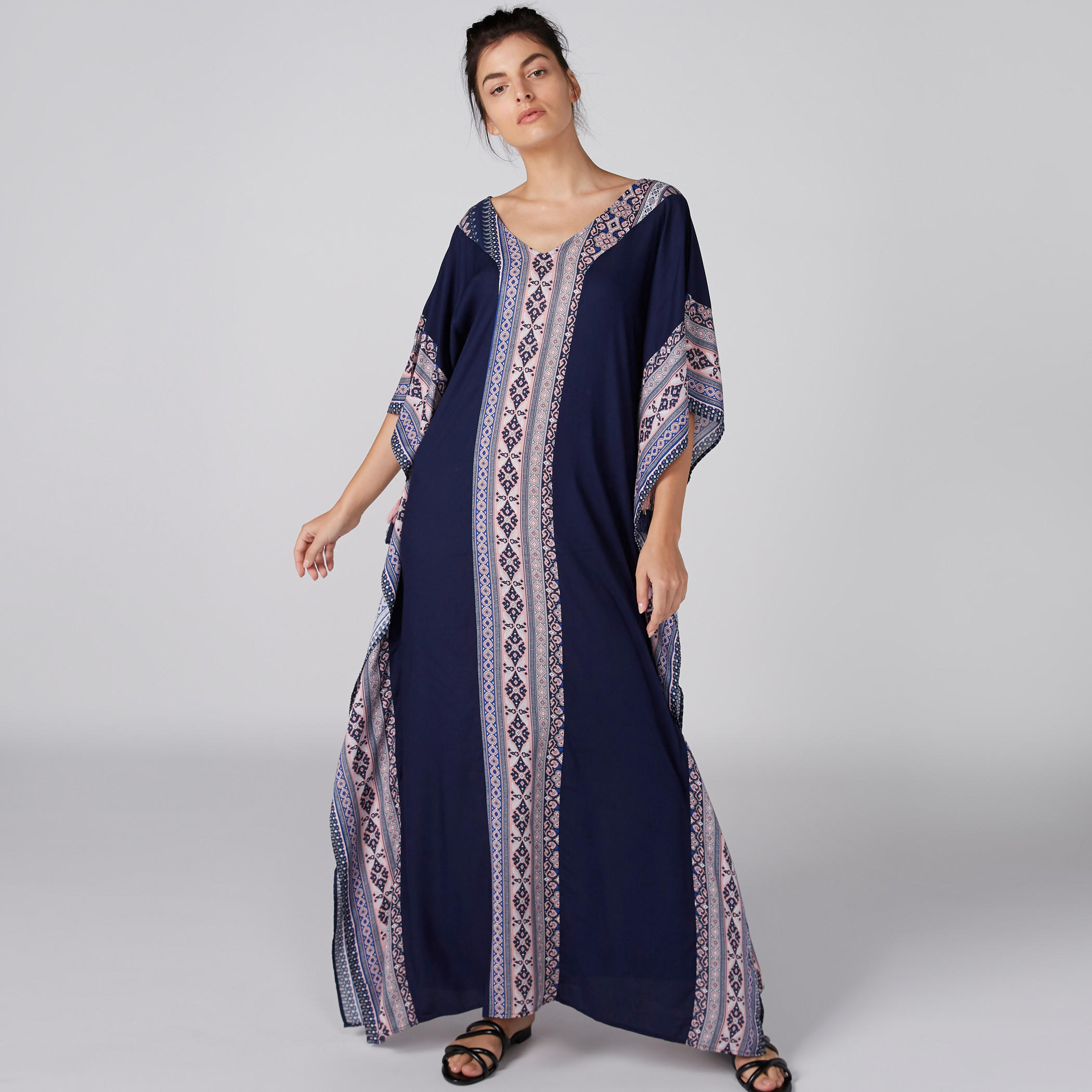 Printed Maxi Sleep Dress with V-Neck and Tassels-women-clothing-nightwear-nighties-image-3