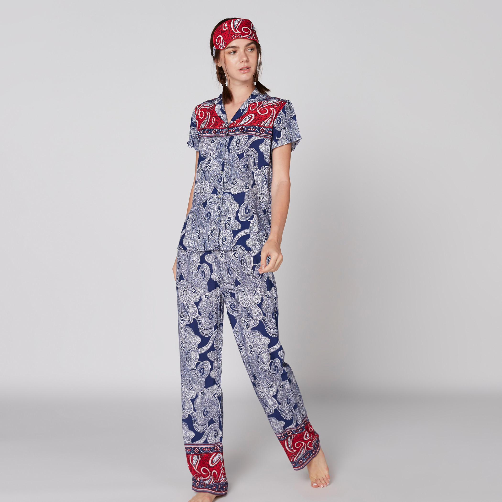 طقم بنطال بيجاما وتيشيرت بأكمام قصيرة وطبعات مع قناع للعين-women-clothing-nightwear-pyjamas-longsets-image-1