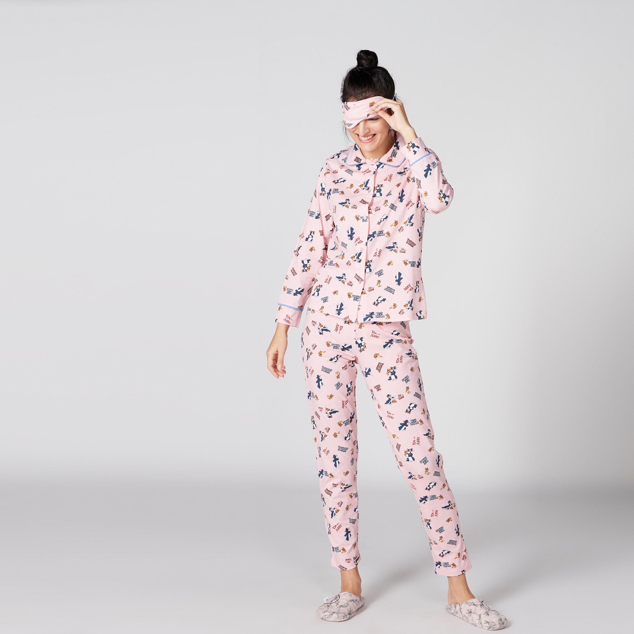 طقم بنطال بيجاما وقميص بطبعات وغطاء للعيون-women-clothing-nightwear-pyjamas-longsets-image-3