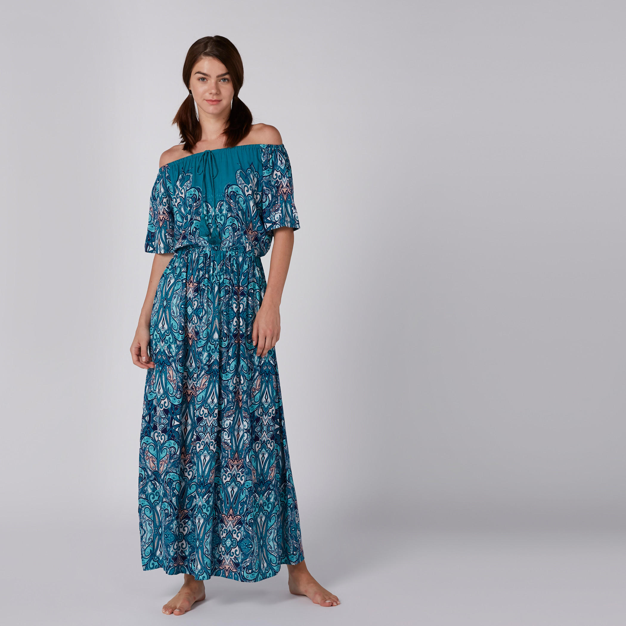Printed Off Shoulder Maxi Dress with Tie Ups-women-clothing-nightwear-nighties-image-1