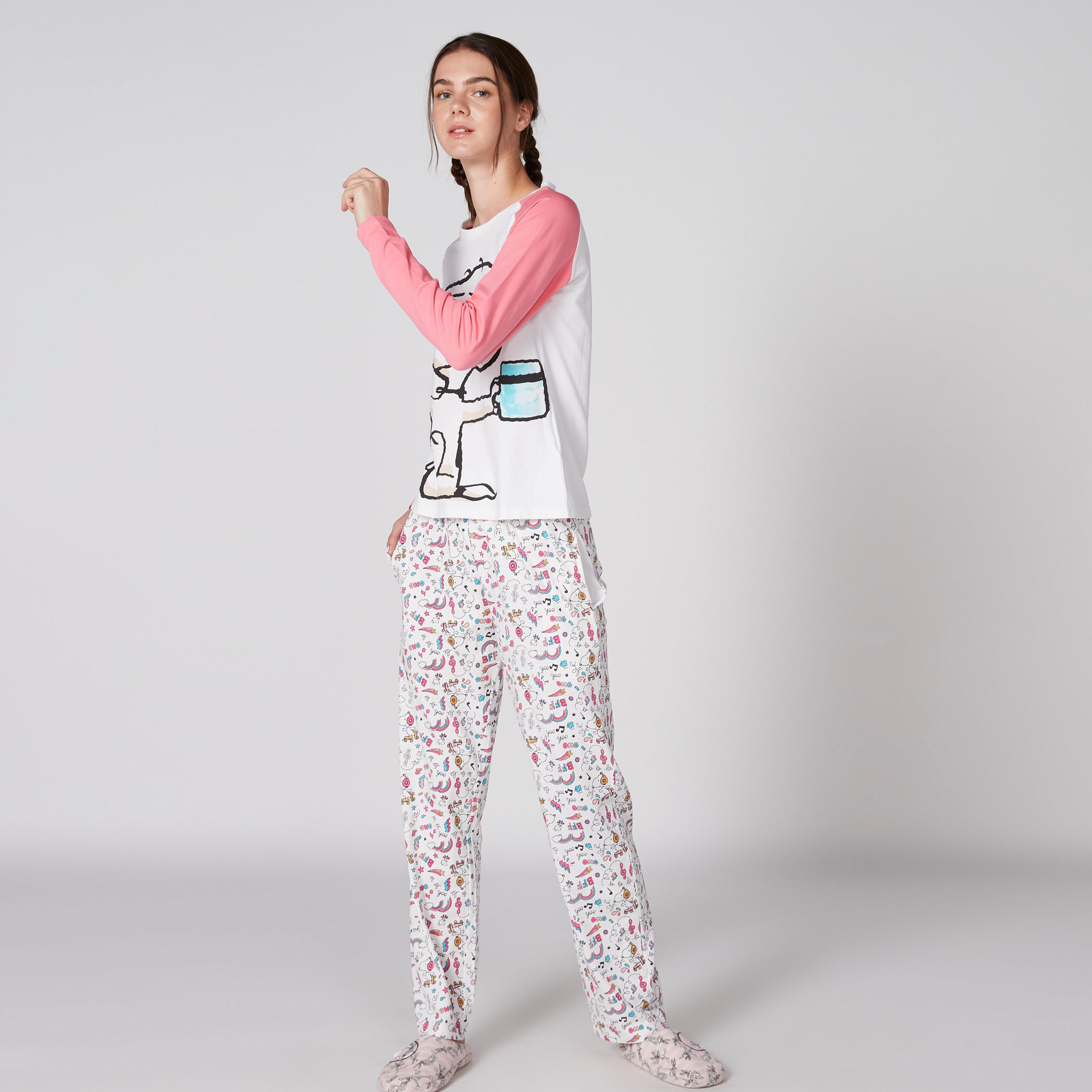 Printed T-Shirt with Round Neck and Long Sleeves-women-clothing-nightwear-pyjamas-longsets-image-1