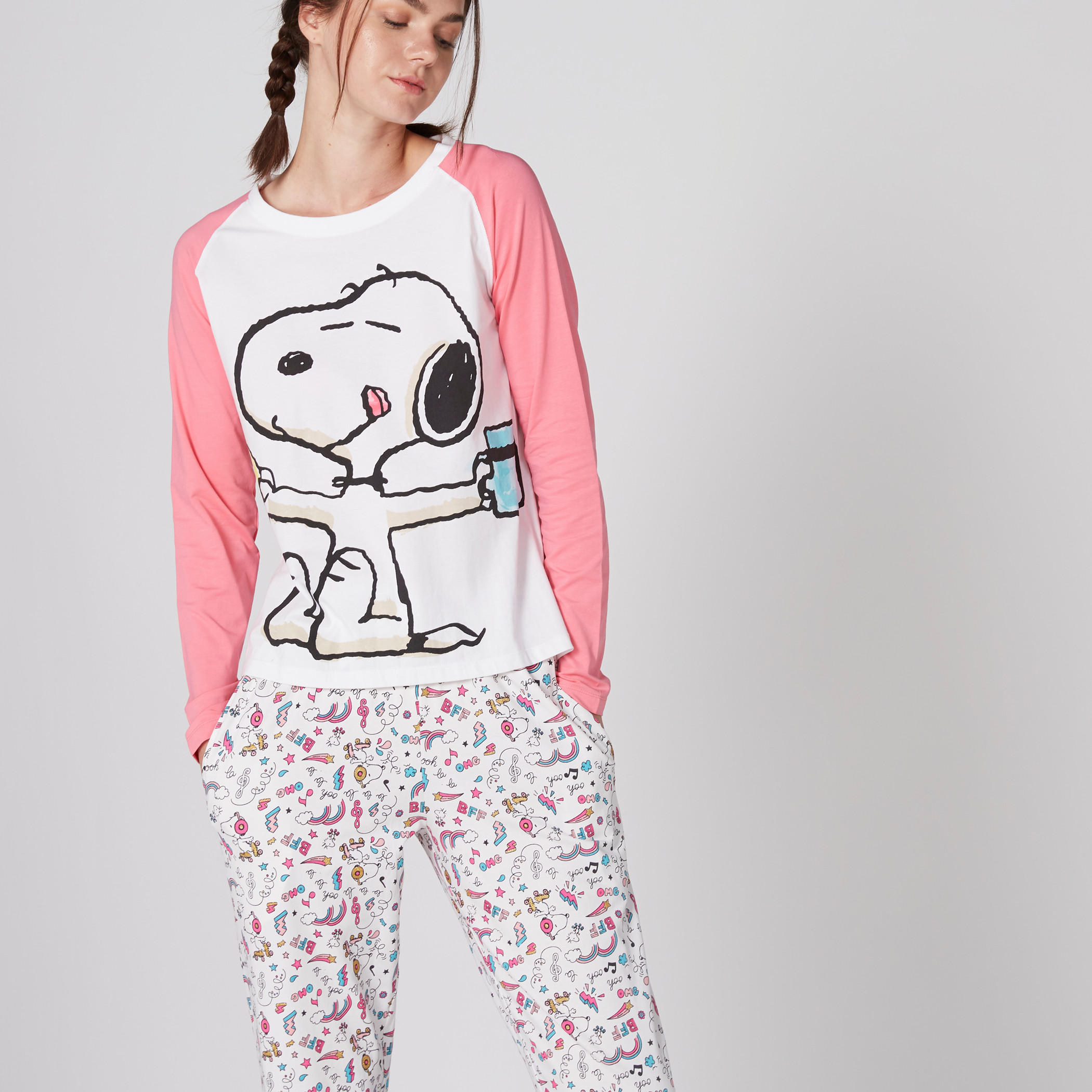 Printed T-Shirt with Round Neck and Long Sleeves-women-clothing-nightwear-pyjamas-longsets-image-3