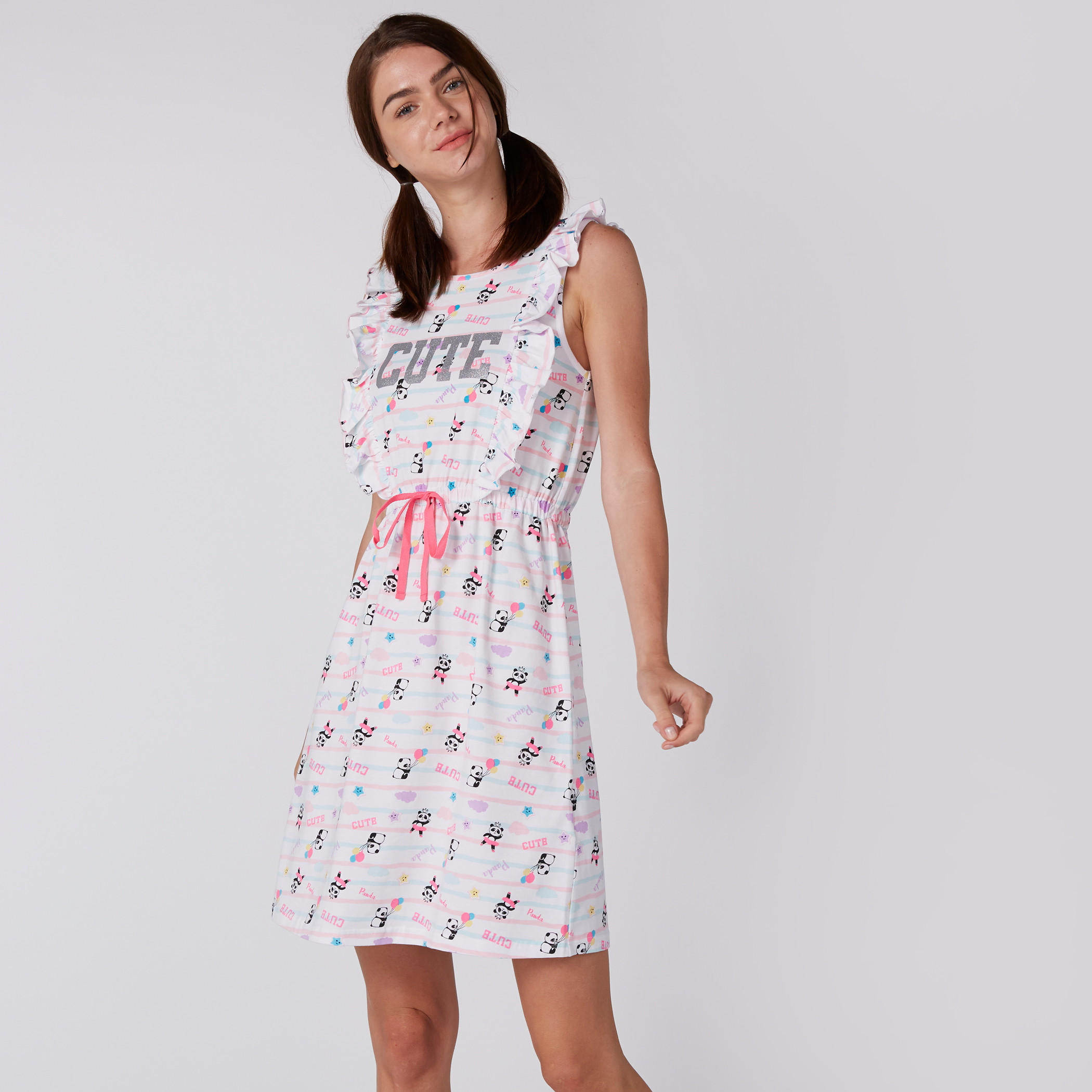 قميص نوم دون أكمام بتفاصيل كشكش وأربطة بطبعات-women-clothing-nightwear-nighties-image-3