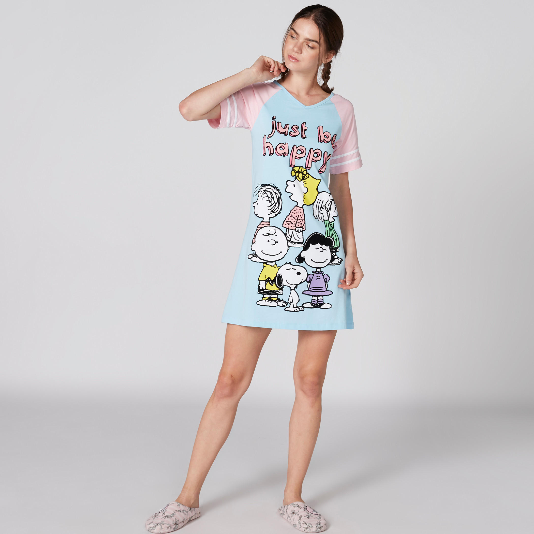 Calvin and Hobbes Printed Sleep Dress with V-Neck and Short Sleeves-women-clothing-nightwear-pyjamas-tops-image-1