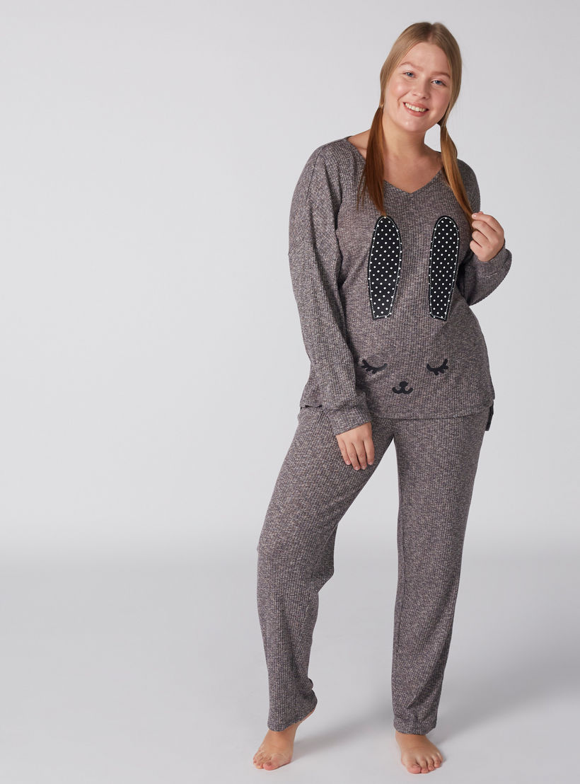 طقم بنطال بيجاما وبلوزة بياقة V-women-clothing-nightwear-pyjamas-longsets-image-2