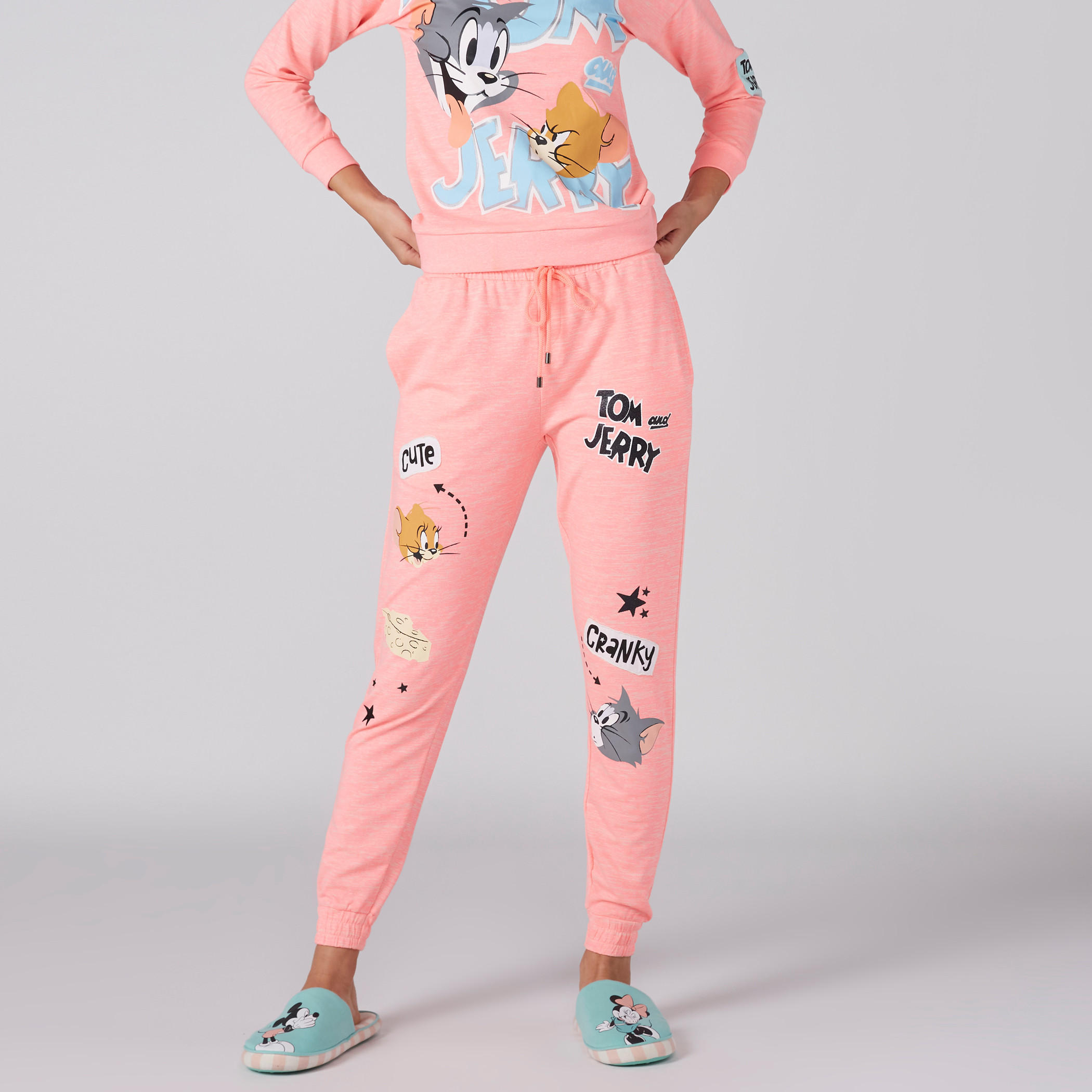 بنطال بيجاما طويل بخصر مطّاطي وطبعات توم أند جيري-women-clothing-nightwear-pyjamas-longsets-image-3