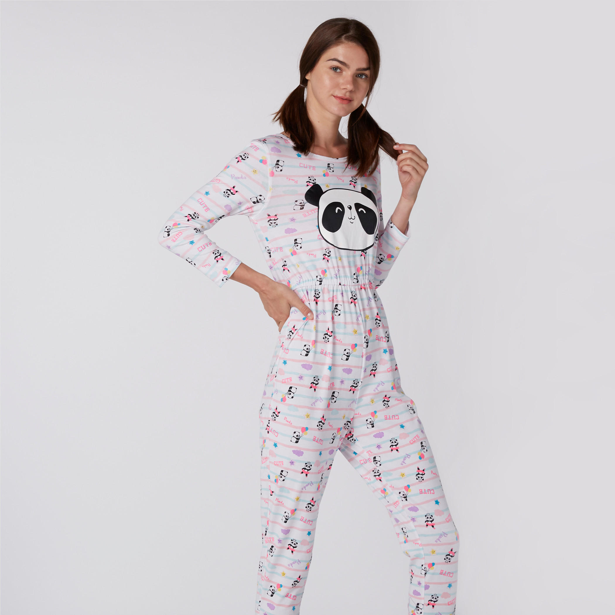أفرول بطبعات وياقة مستديرة وأكمام طويلة-women-clothing-nightwear-nighties-image-1
