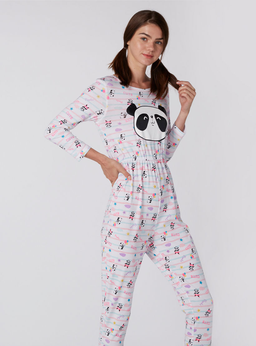 أفرول بطبعات وياقة مستديرة وأكمام طويلة-women-clothing-nightwear-nighties-image-1