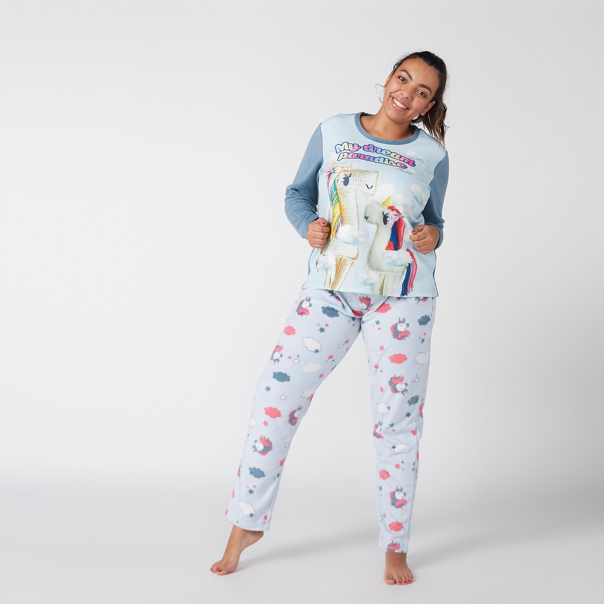 طقم بيجاما منقوش من بنطال وتيشيرت بياقة مستديرة-women-clothing-nightwear-pyjamas-longsets-image-4