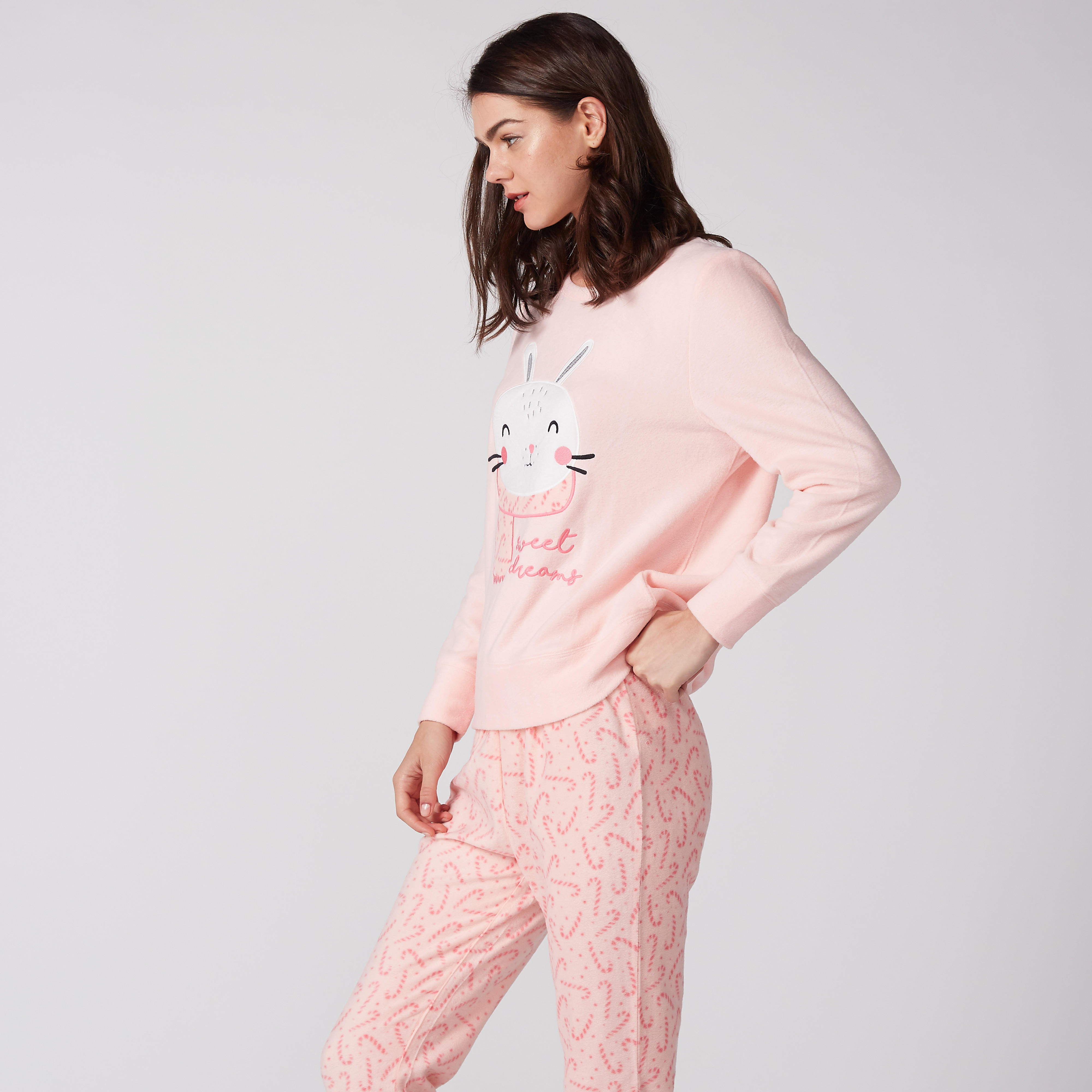 Embroidered Round Neck T-Shirt and Printed Pyjama Set-women-clothing-nightwear-pyjamas-longsets-image-2