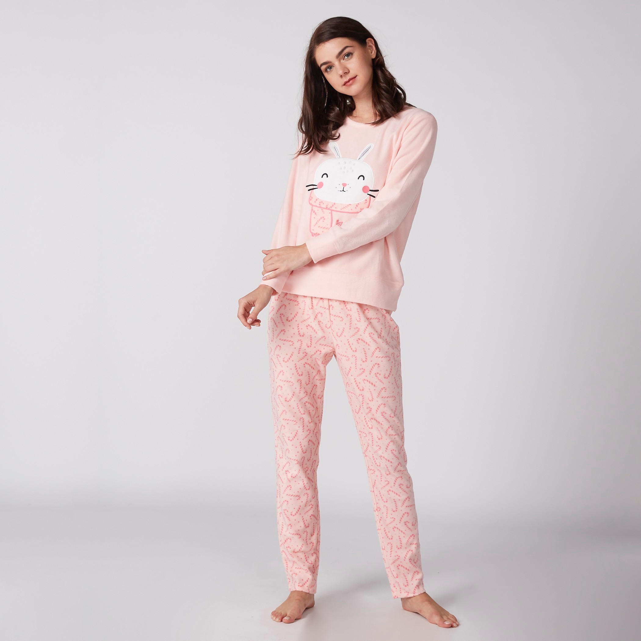 Embroidered Round Neck T-Shirt and Printed Pyjama Set-women-clothing-nightwear-pyjamas-longsets-image-1