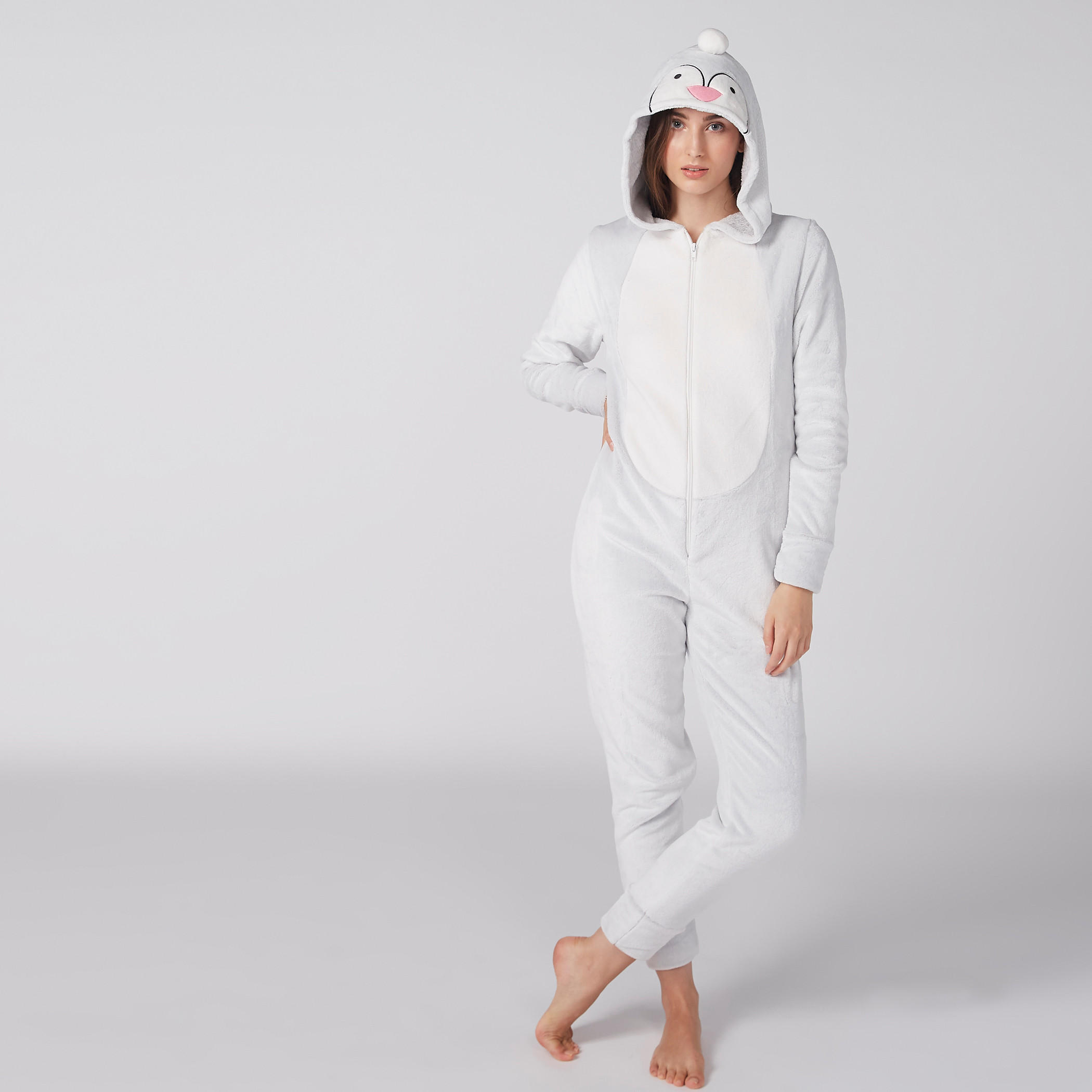 Textured Long Sleeves Jumpsuit with Zip Closure and Hood-women-clothing-nightwear-nighties-image-1