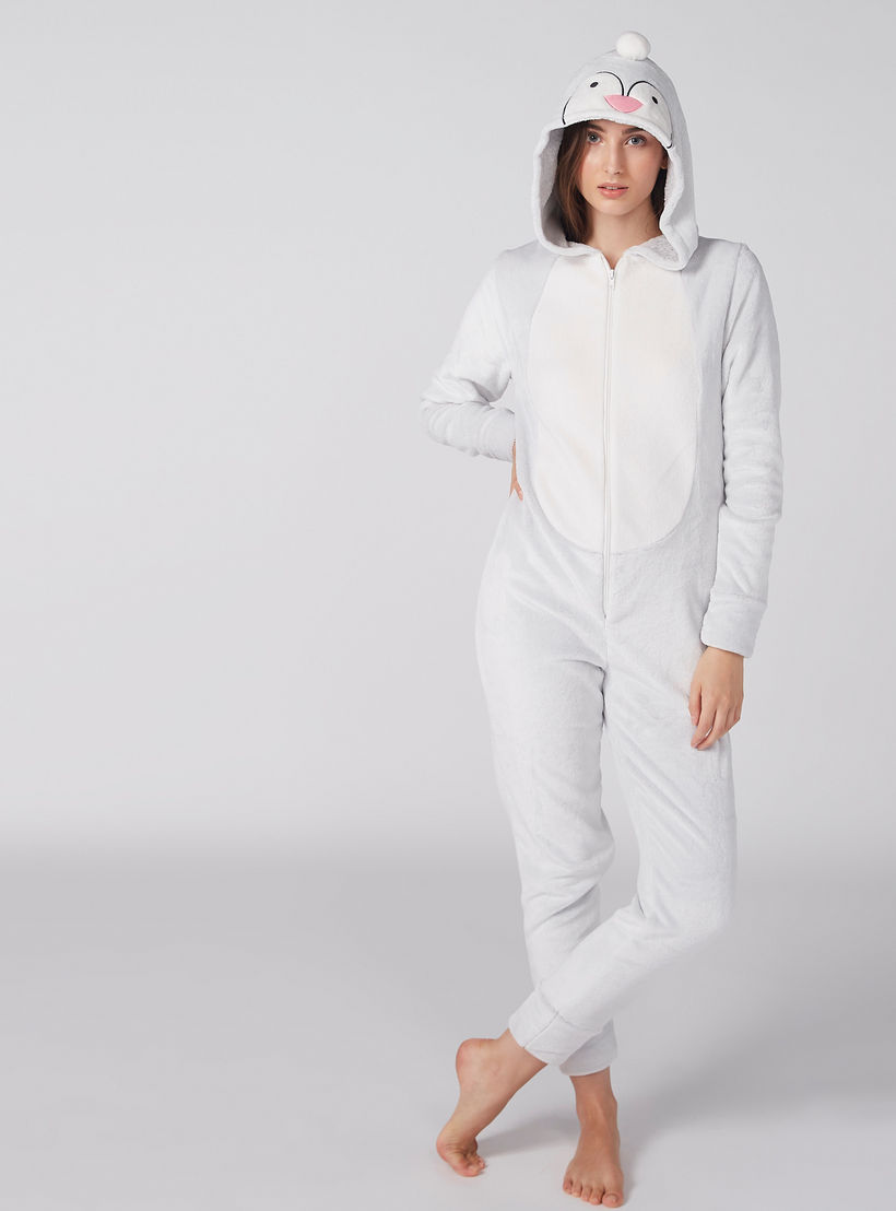 Textured Long Sleeves Jumpsuit with Zip Closure and Hood-women-clothing-nightwear-nighties-image-1