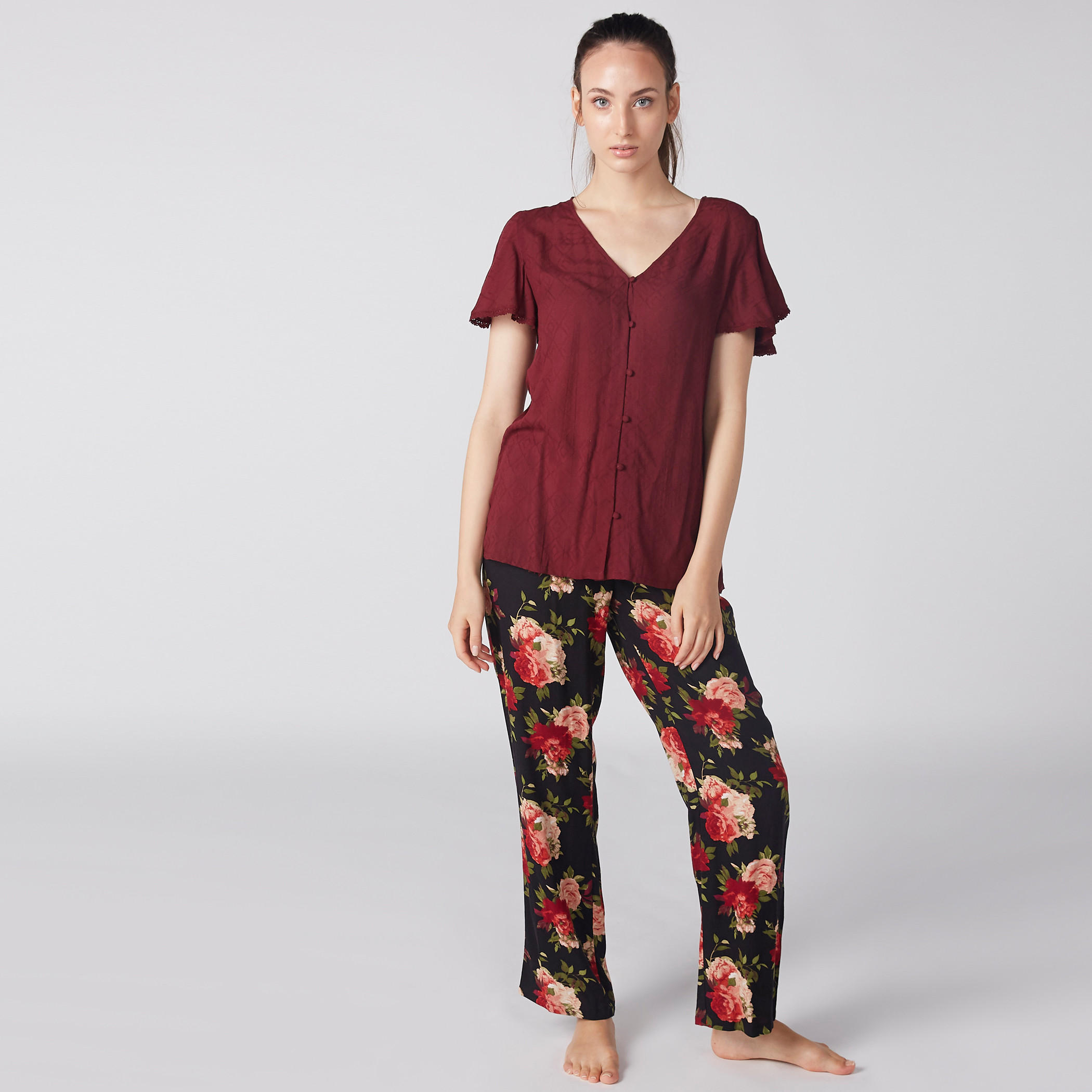 Printed V-Neck Top and Pyjama Set-women-clothing-nightwear-pyjamas-longsets-image-1