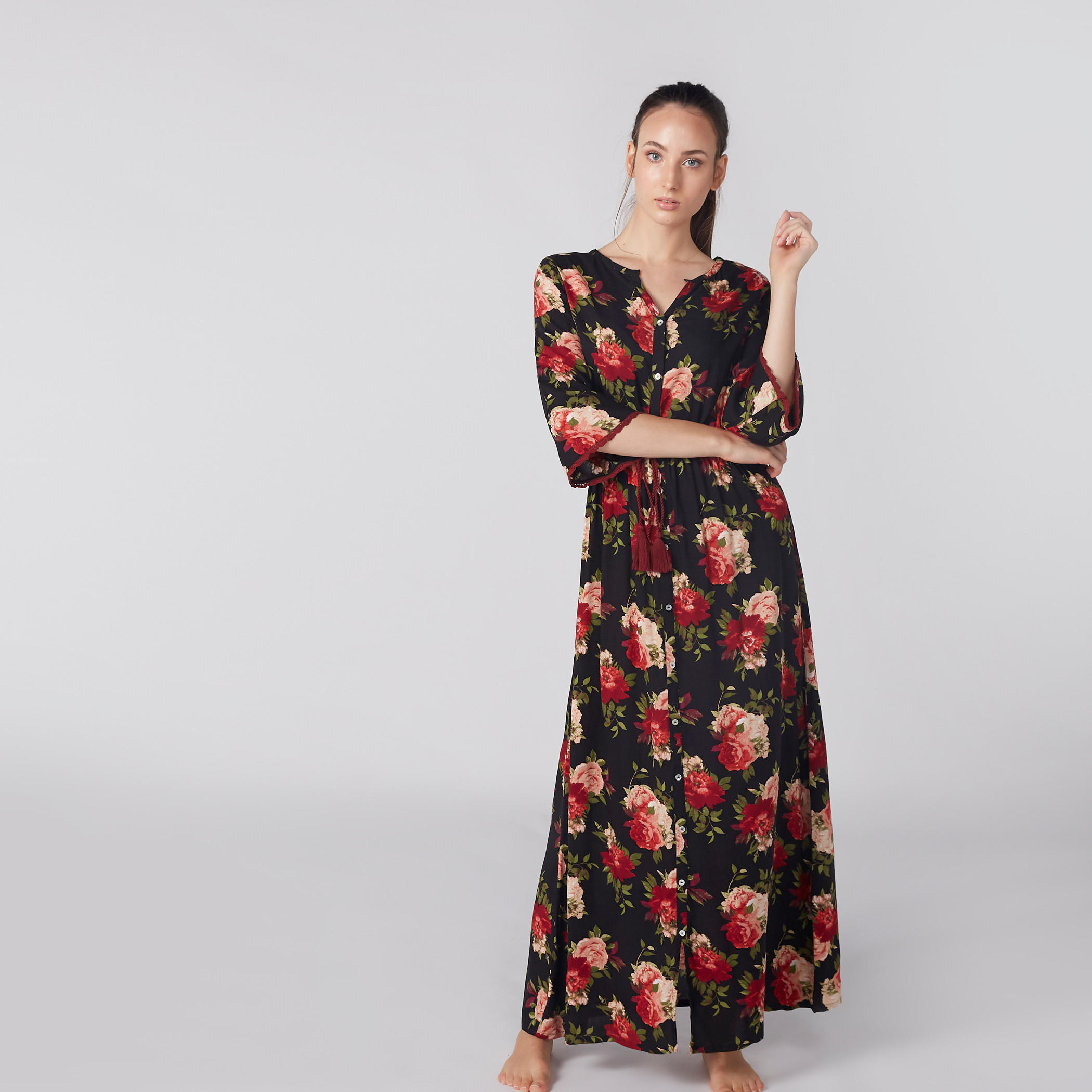 فستان طويل بأكمام 3/4 وأربطة وطبعات أزهار-women-clothing-nightwear-nighties-image-1