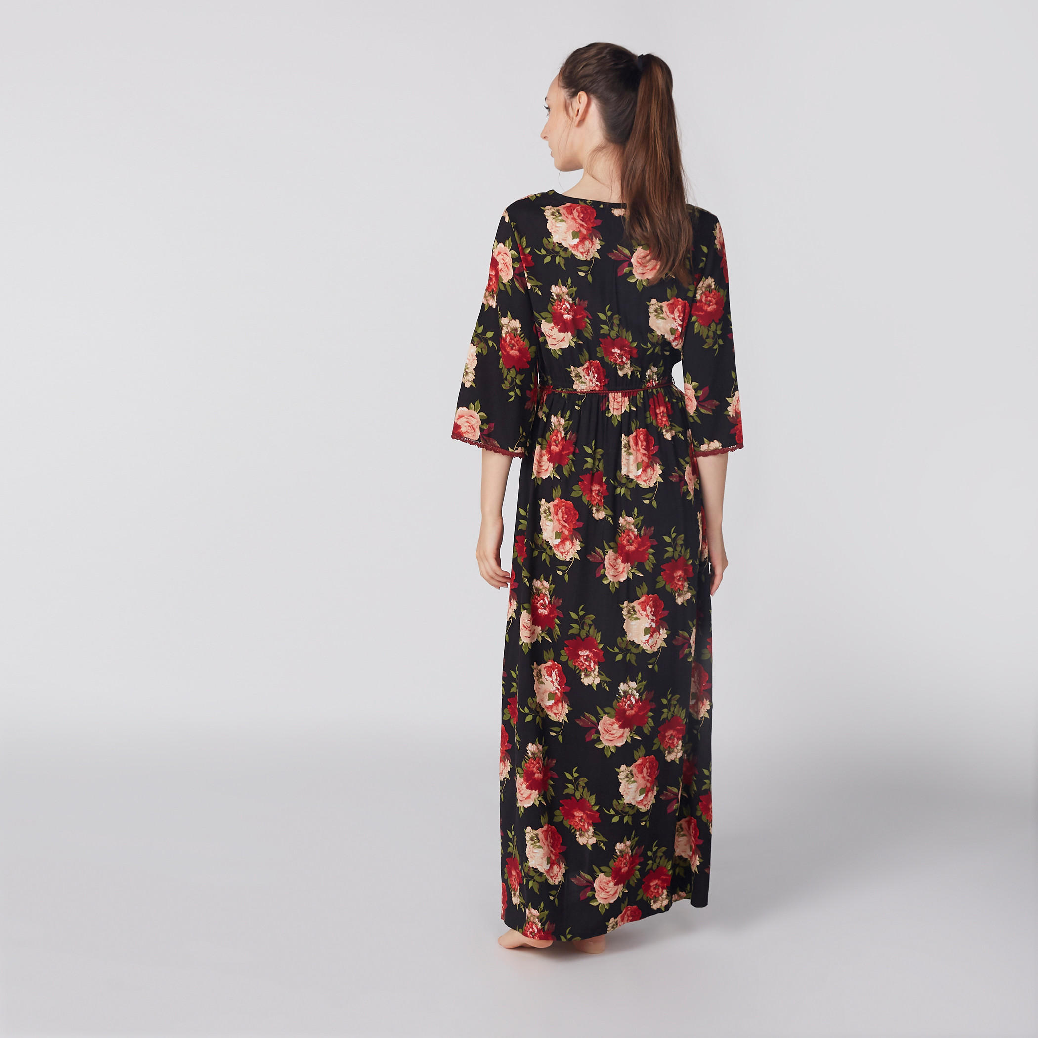 فستان طويل بأكمام 3/4 وأربطة وطبعات أزهار-women-clothing-nightwear-nighties-image-3