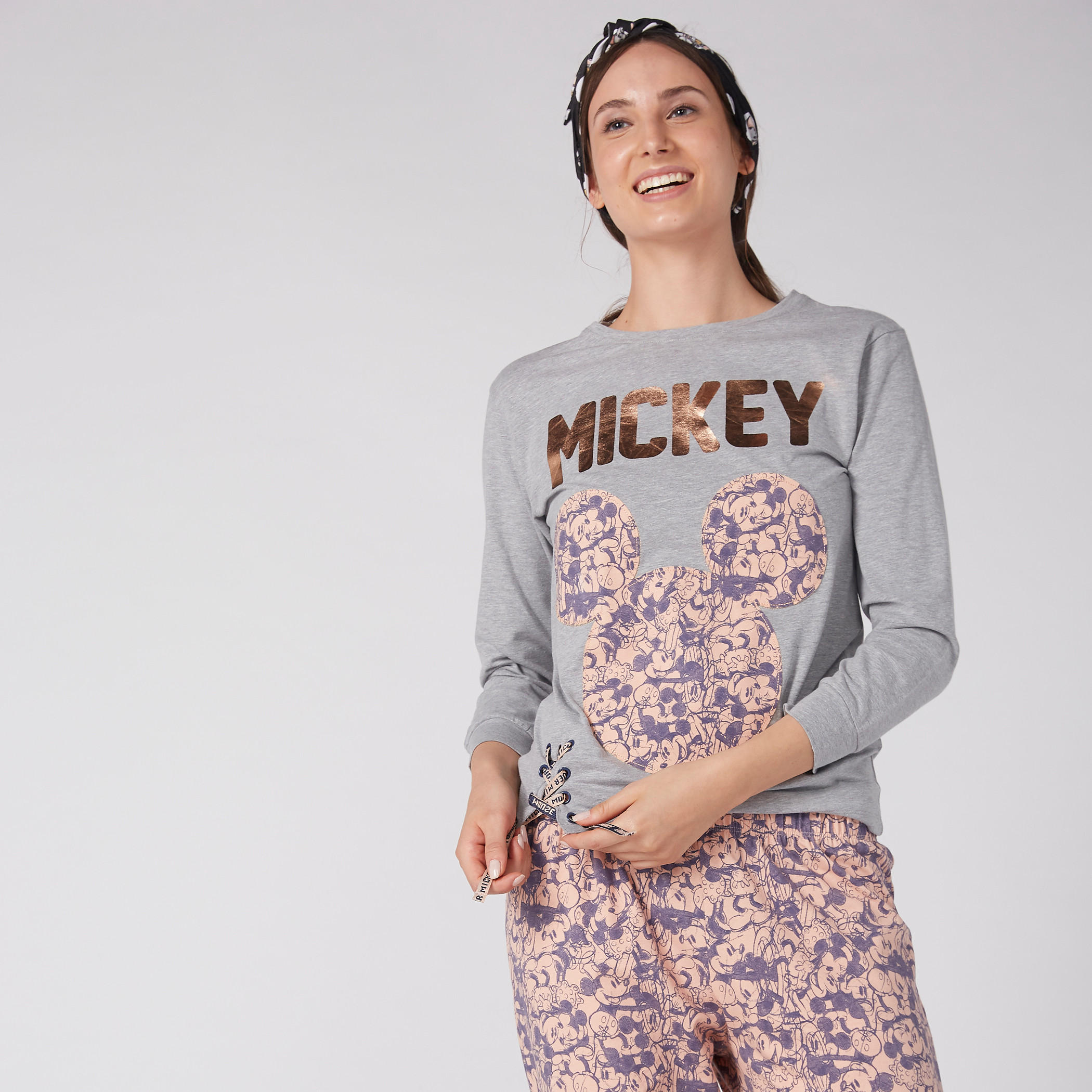 Mickey Mouse Printed T-Shirt and Pyjama Set-women-clothing-nightwear-pyjamas-longsets-image-1