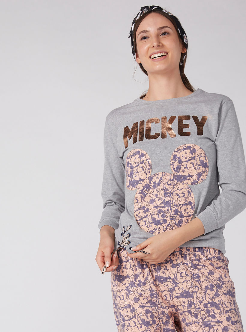 Mickey Mouse Printed T-Shirt and Pyjama Set-women-clothing-nightwear-pyjamas-longsets-image-1
