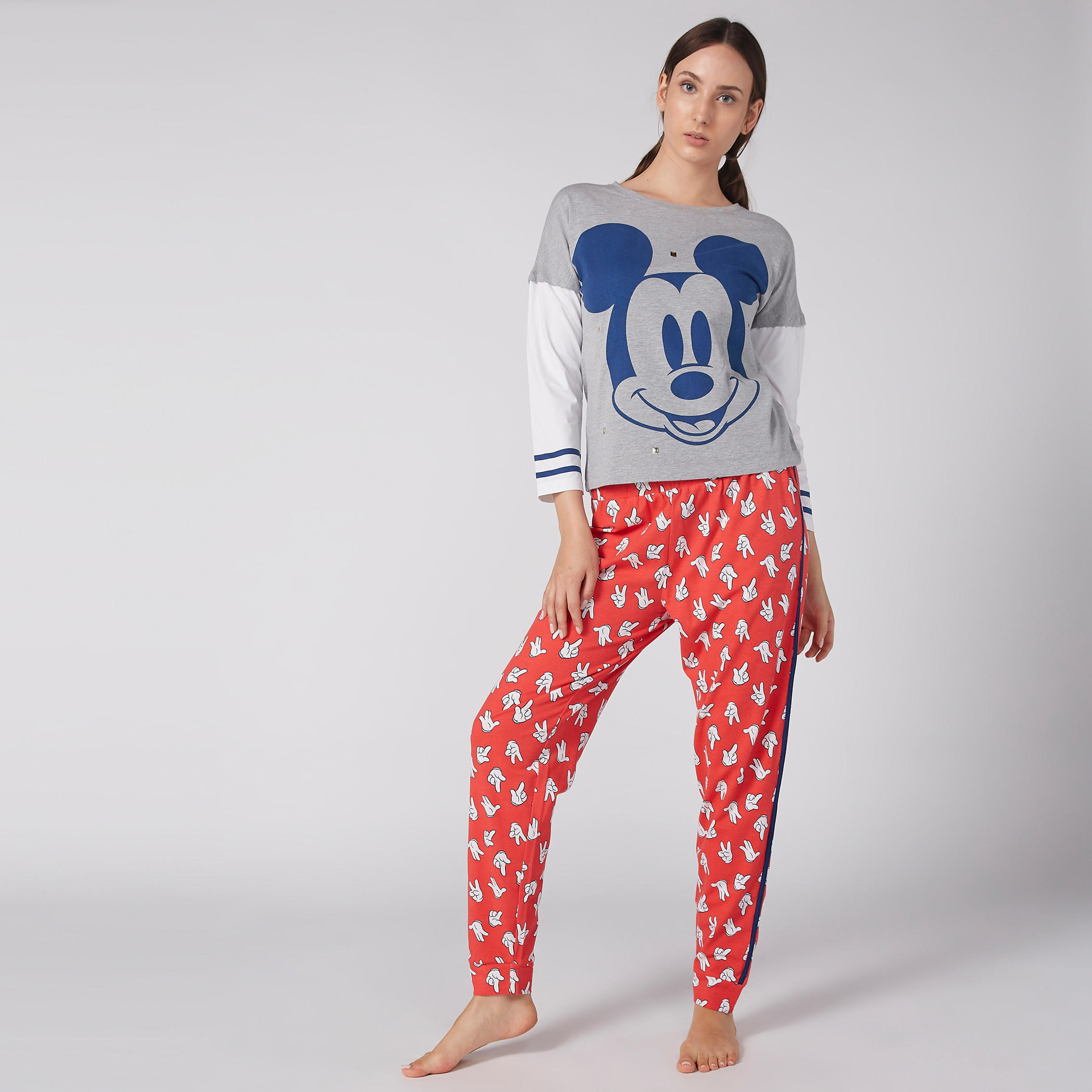 طقم بنطال بيجاما وتيشيرت بياقة مستديرة وطبعات ميكي ماوس-women-clothing-nightwear-pyjamas-longsets-image-1