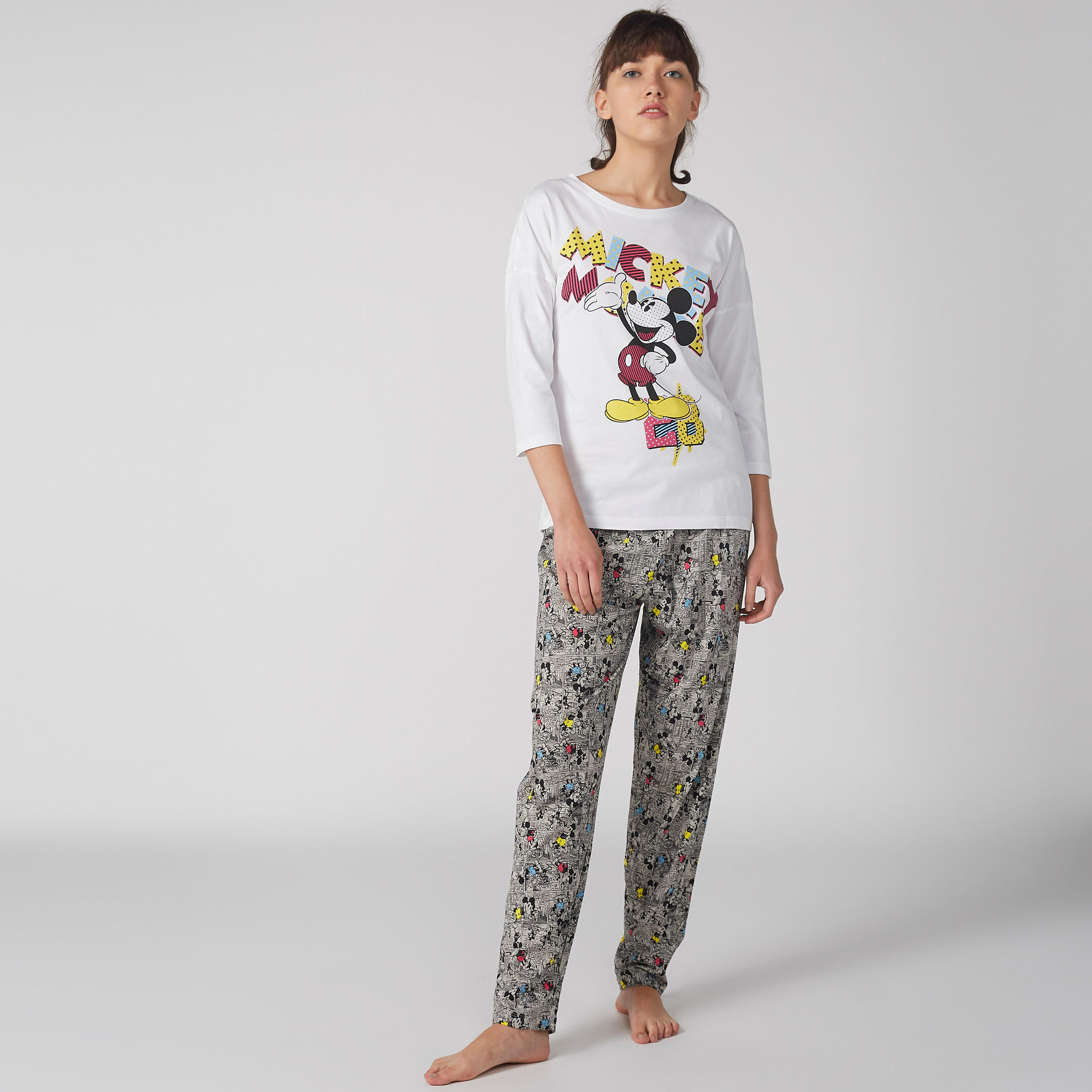 Mickey Mouse Printed T-Shirt and Pyjama Set-women-clothing-nightwear-pyjamas-longsets-image-1