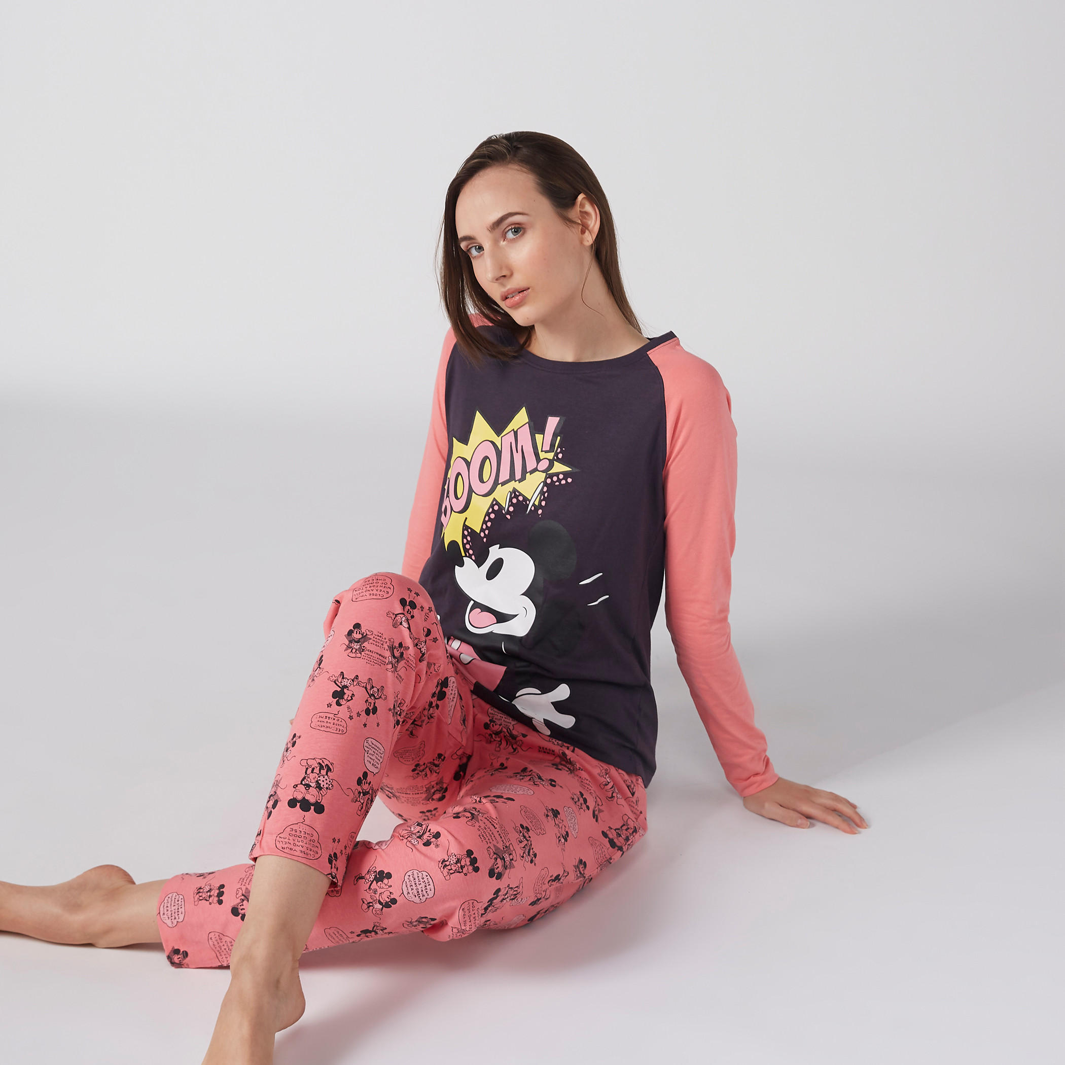 Mickey Mouse Printed Raglan Sleeves T-Shirt and Pyjama Set-women-clothing-nightwear-pyjamas-longsets-image-1
