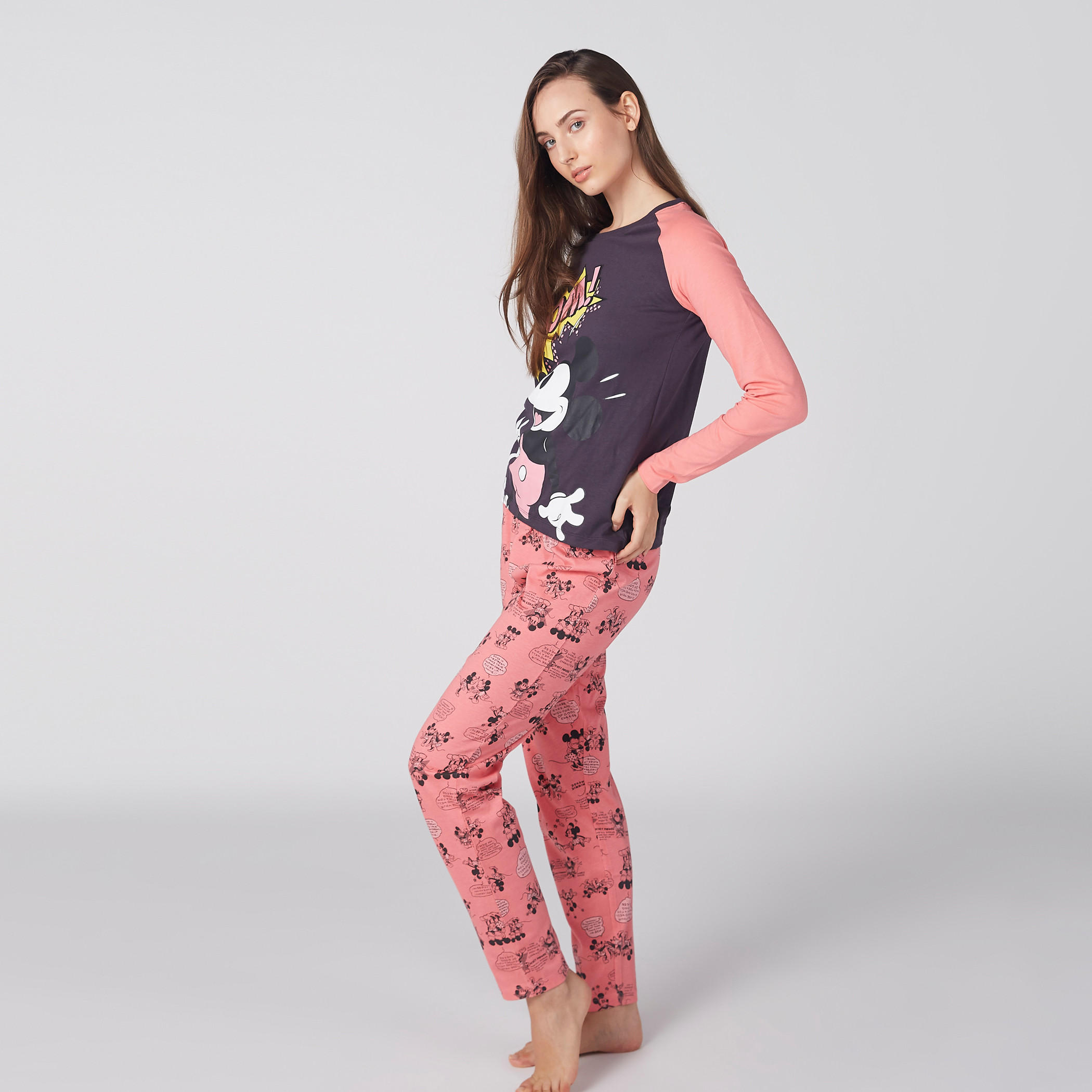 Mickey Mouse Printed Raglan Sleeves T-Shirt and Pyjama Set-women-clothing-nightwear-pyjamas-longsets-image-2