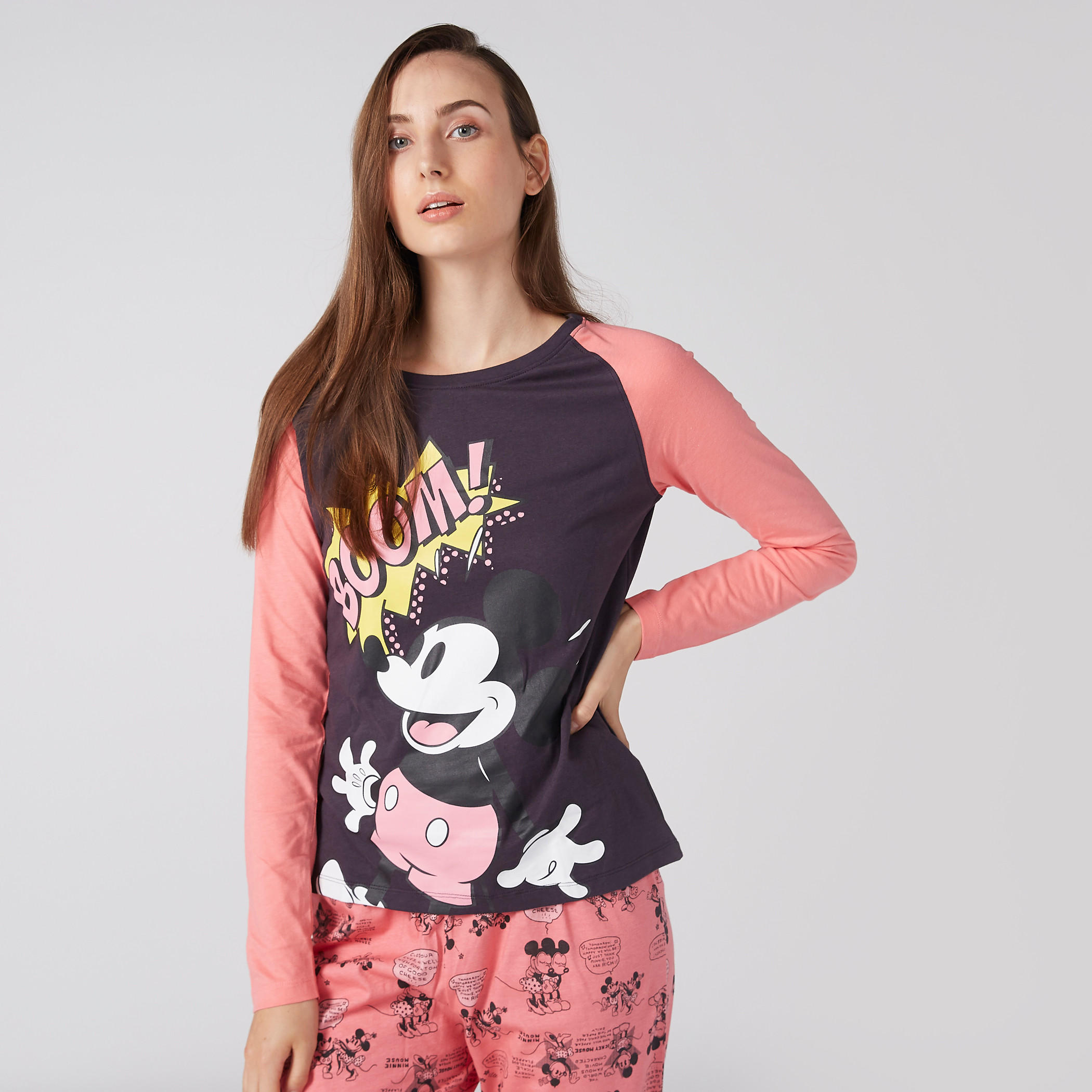 Mickey Mouse Printed Raglan Sleeves T-Shirt and Pyjama Set-women-clothing-nightwear-pyjamas-longsets-image-3