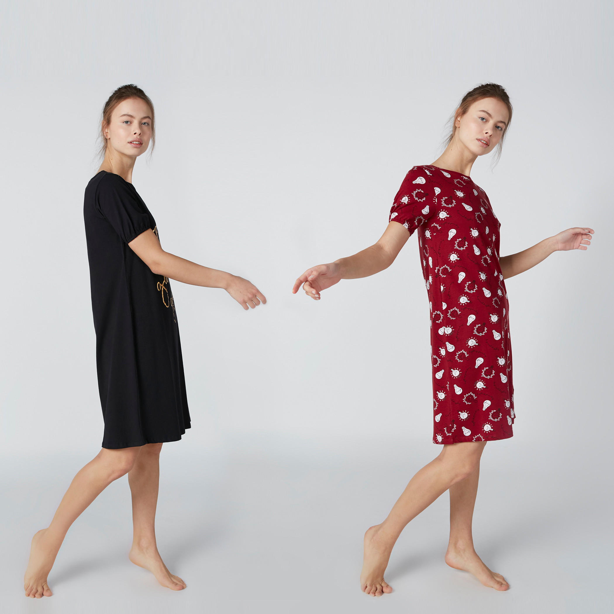 قميص نوم بياقة قارب وأكمام قصيرة وطبعات - طقم من قطعتين-women-clothing-nightwear-nighties-image-1