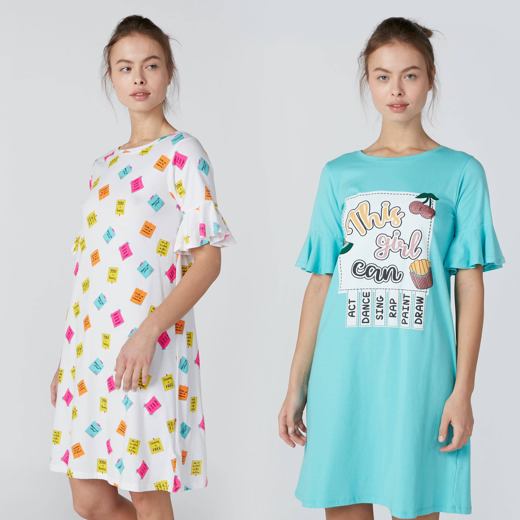 قميص نوم بياقة مستديرة وطبعات - طقم من قطعتين-women-clothing-nightwear-nighties-image-1