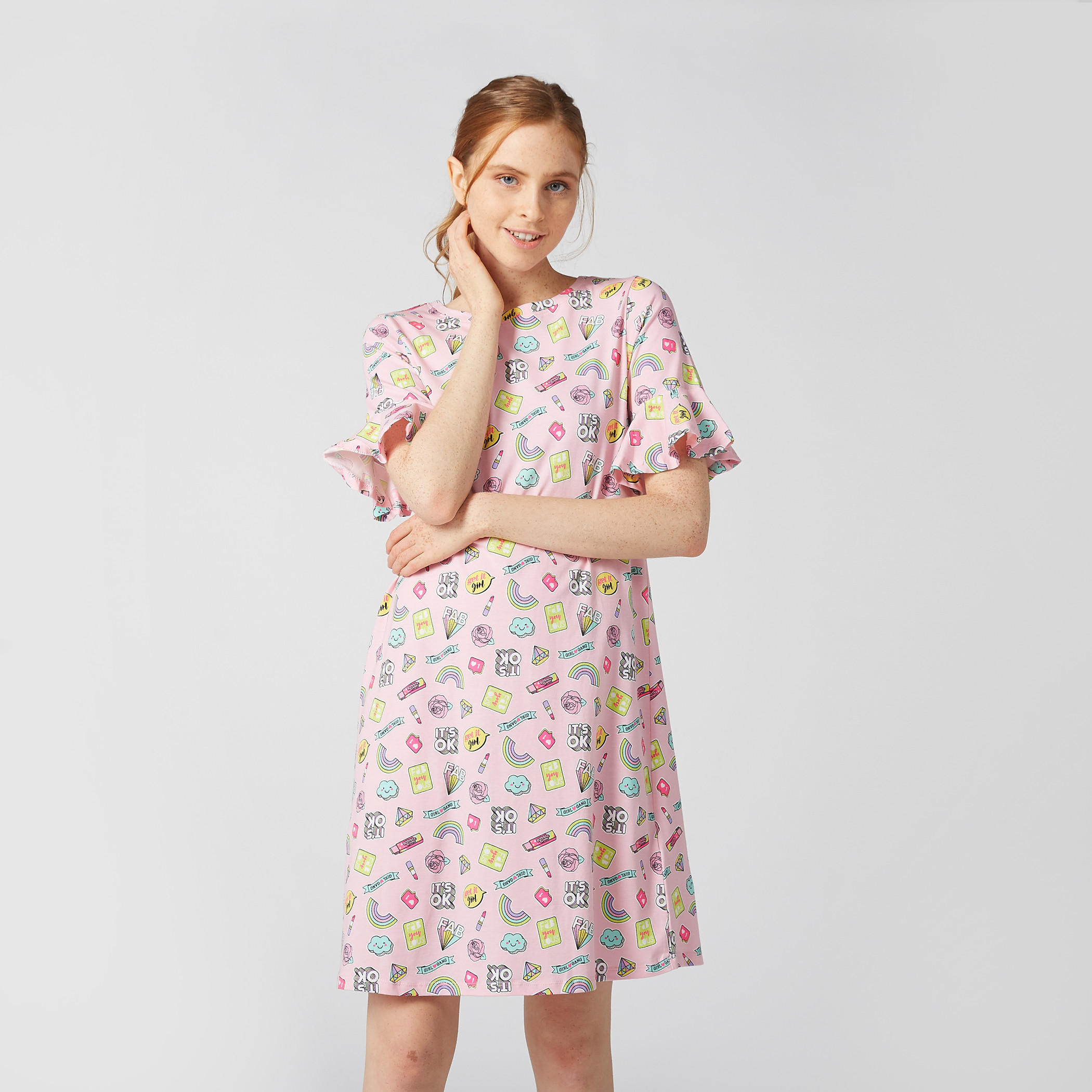 Printed Sleep Dress with Round Neck and Flared Sleeves - Set of 2-women-clothing-nightwear-nighties-image-1