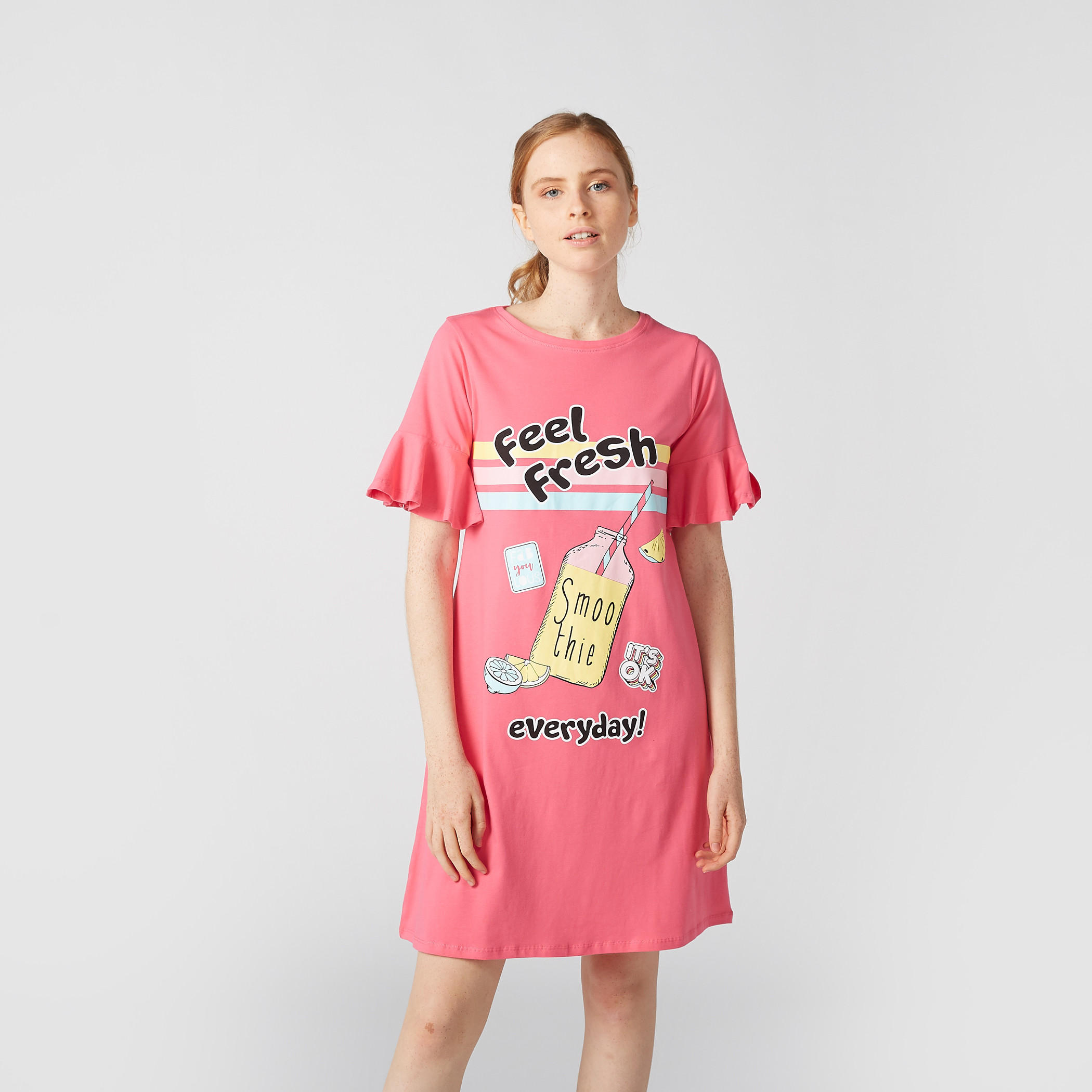 Printed Sleep Dress with Round Neck and Flared Sleeves - Set of 2-women-clothing-nightwear-nighties-image-3
