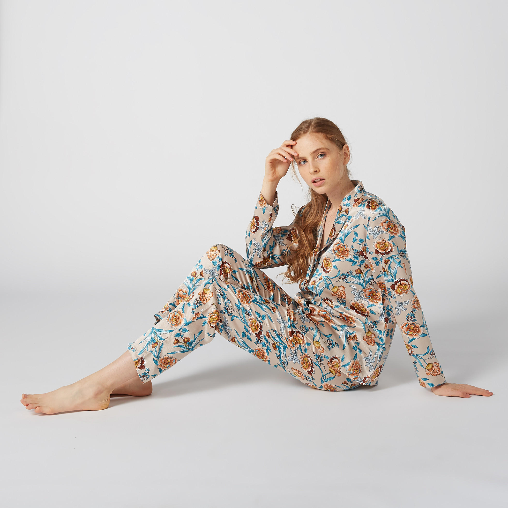 Floral Printed Shawl Neck Shirt with Full Length Pyjama Set-women-clothing-nightwear-pyjamas-longsets-image-1