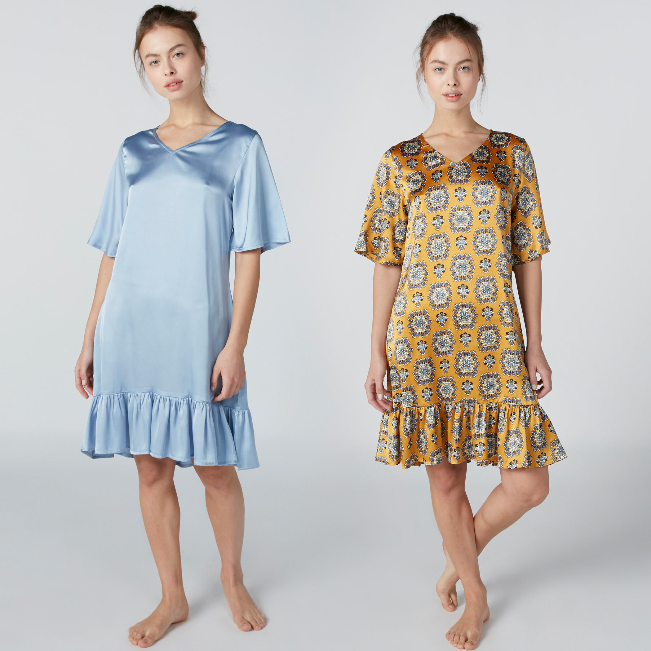 قميص نوم متوسط الطول بياقة V وأكمام واسعة - طقم من قطعتين-women-clothing-nightwear-nighties-image-1