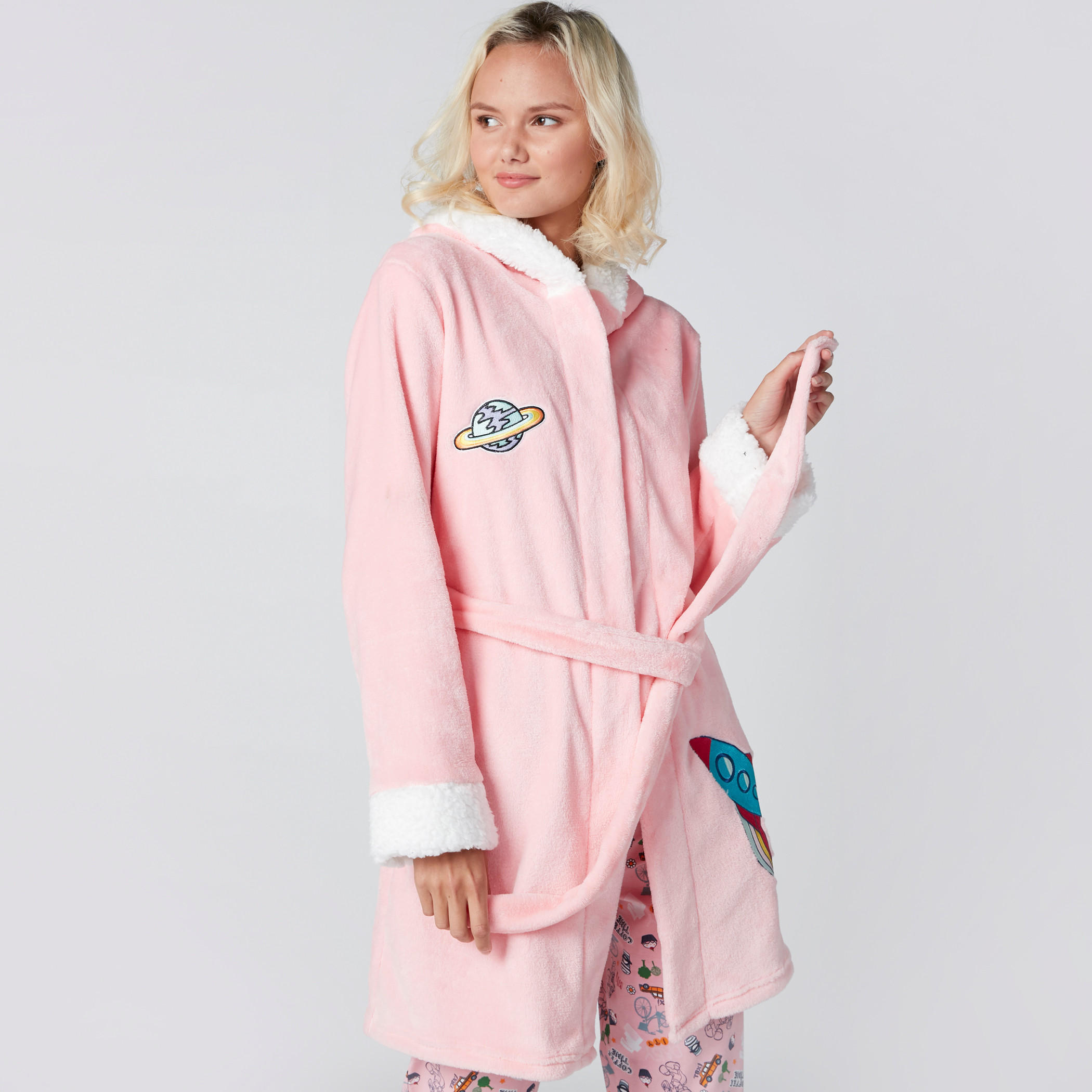 Printed Plush Robe with Long Sleeves and Tie Up Belt-women-clothing-nightwear-robes-image-1