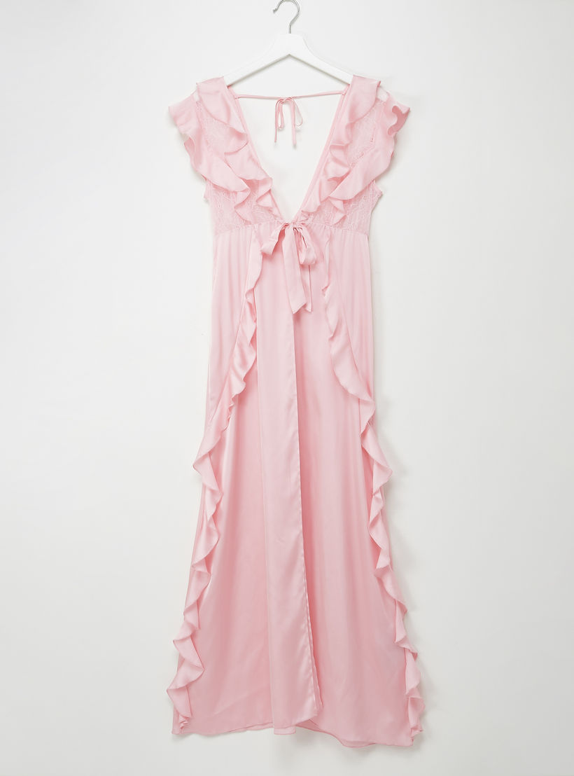 قميص نوم طويل بأربطة وتفاصيل كشكش ودانتيل-women-clothing-nightwear-nighties-image-3