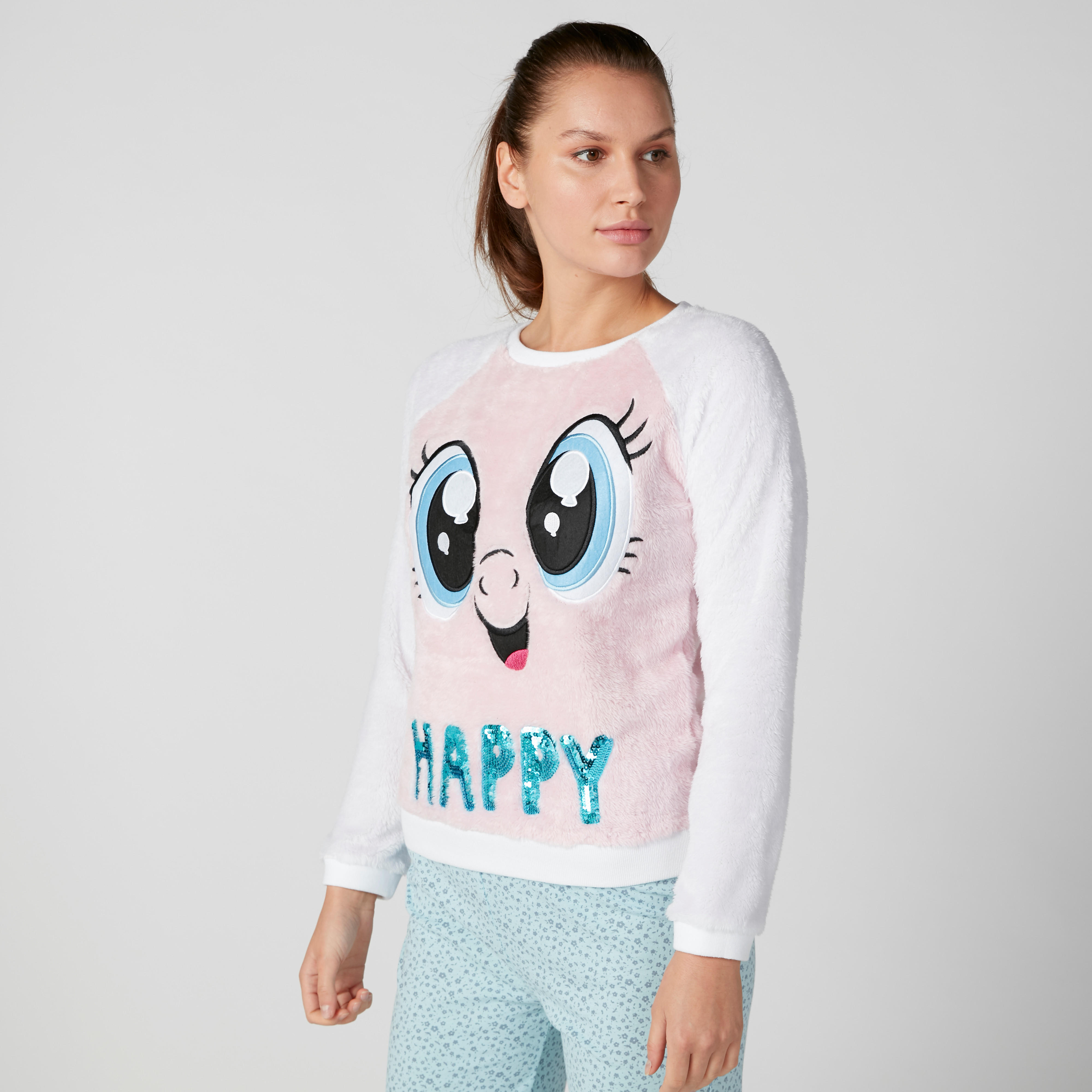Textured Sweatshirt with Long Sleeves and Sequin Detail-women-clothing-nightwear-pyjamas-tops-image-1