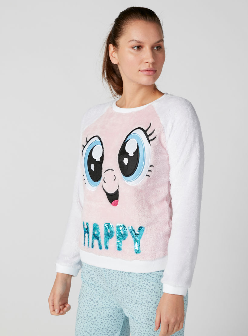 Textured Sweatshirt with Long Sleeves and Sequin Detail-women-clothing-nightwear-pyjamas-tops-image-1