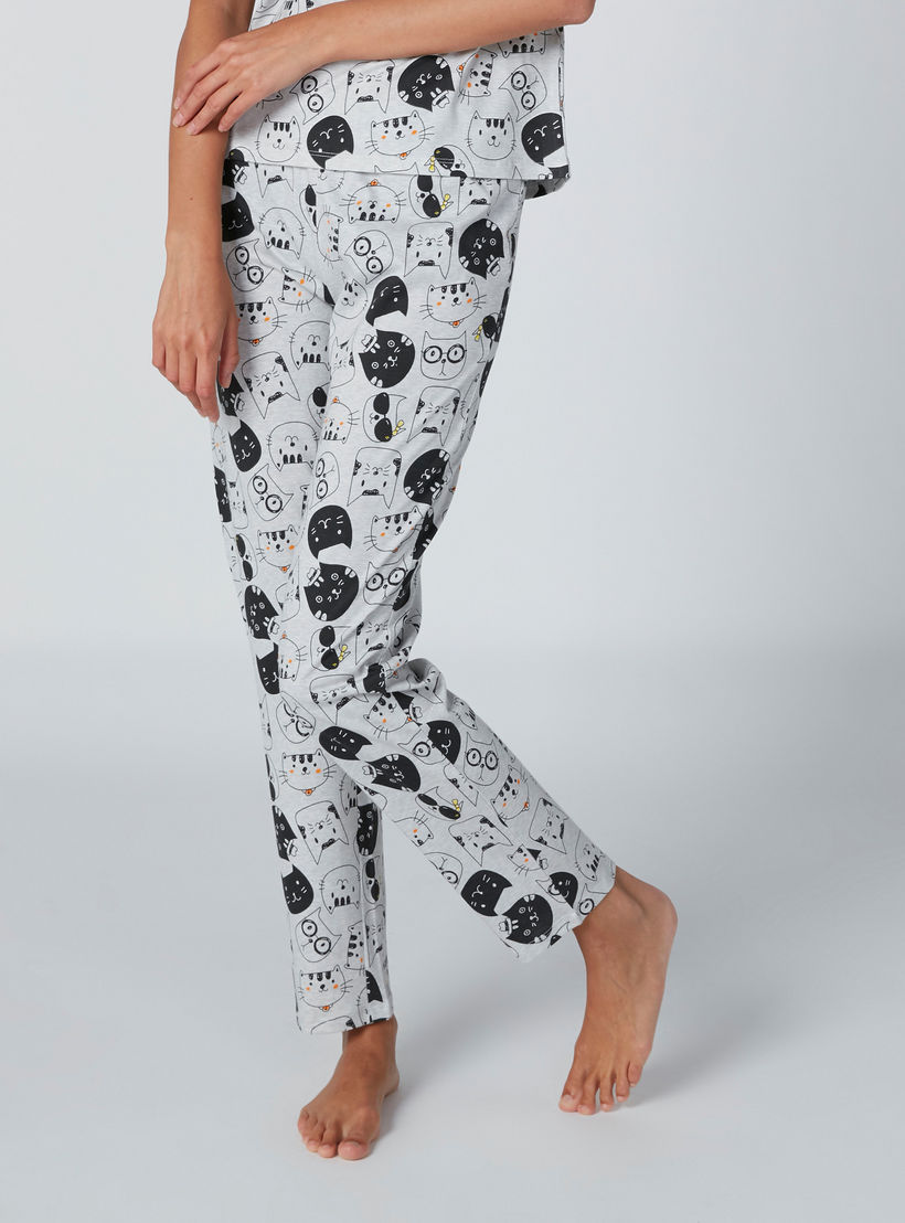 Printed Round Neck T-Shirt and Pyjama Set-women-clothing-nightwear-pyjamas-longsets-image-4
