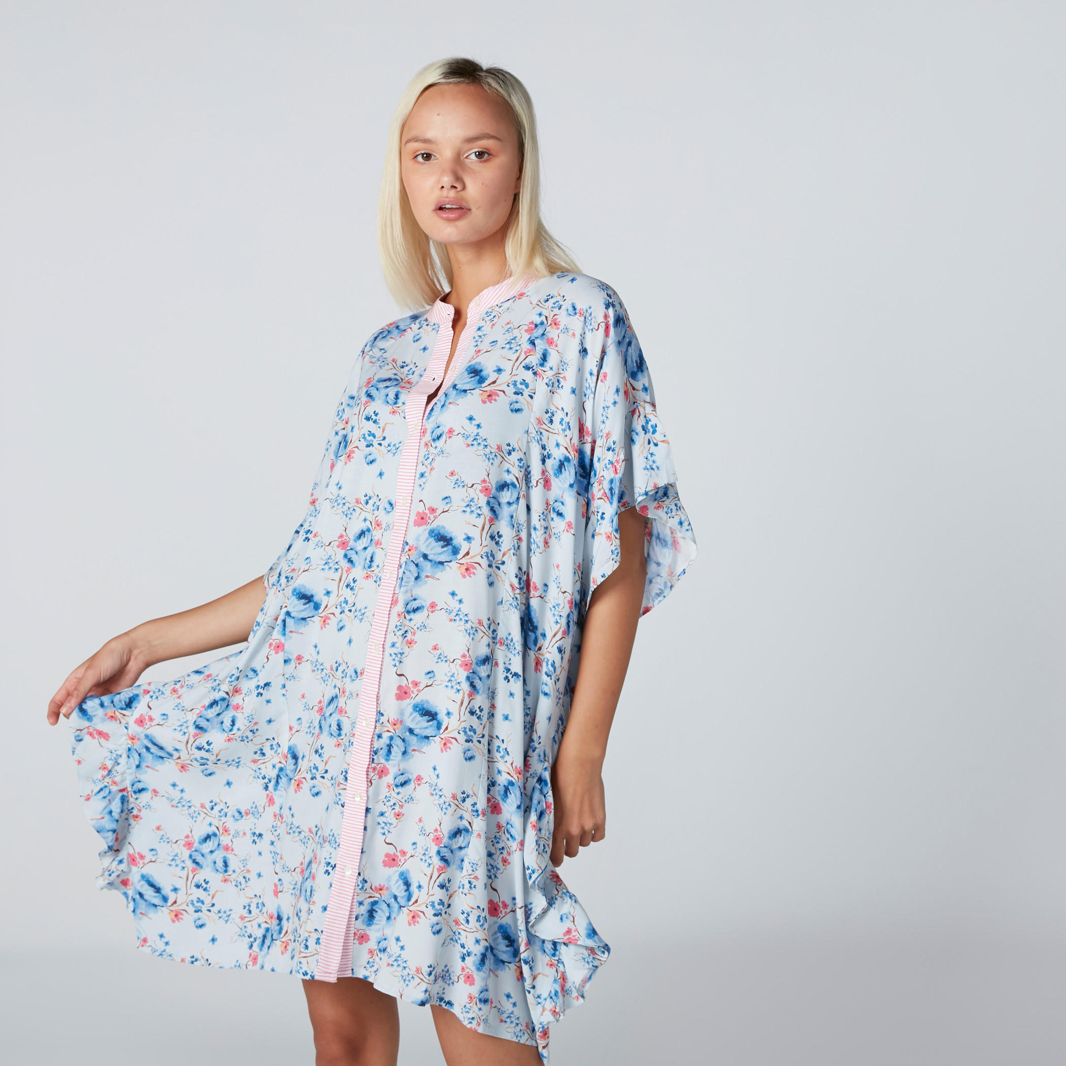 Printed Midi Gown with Mandarin Collar and Frill Sleeves-women-clothing-nightwear-nighties-image-1