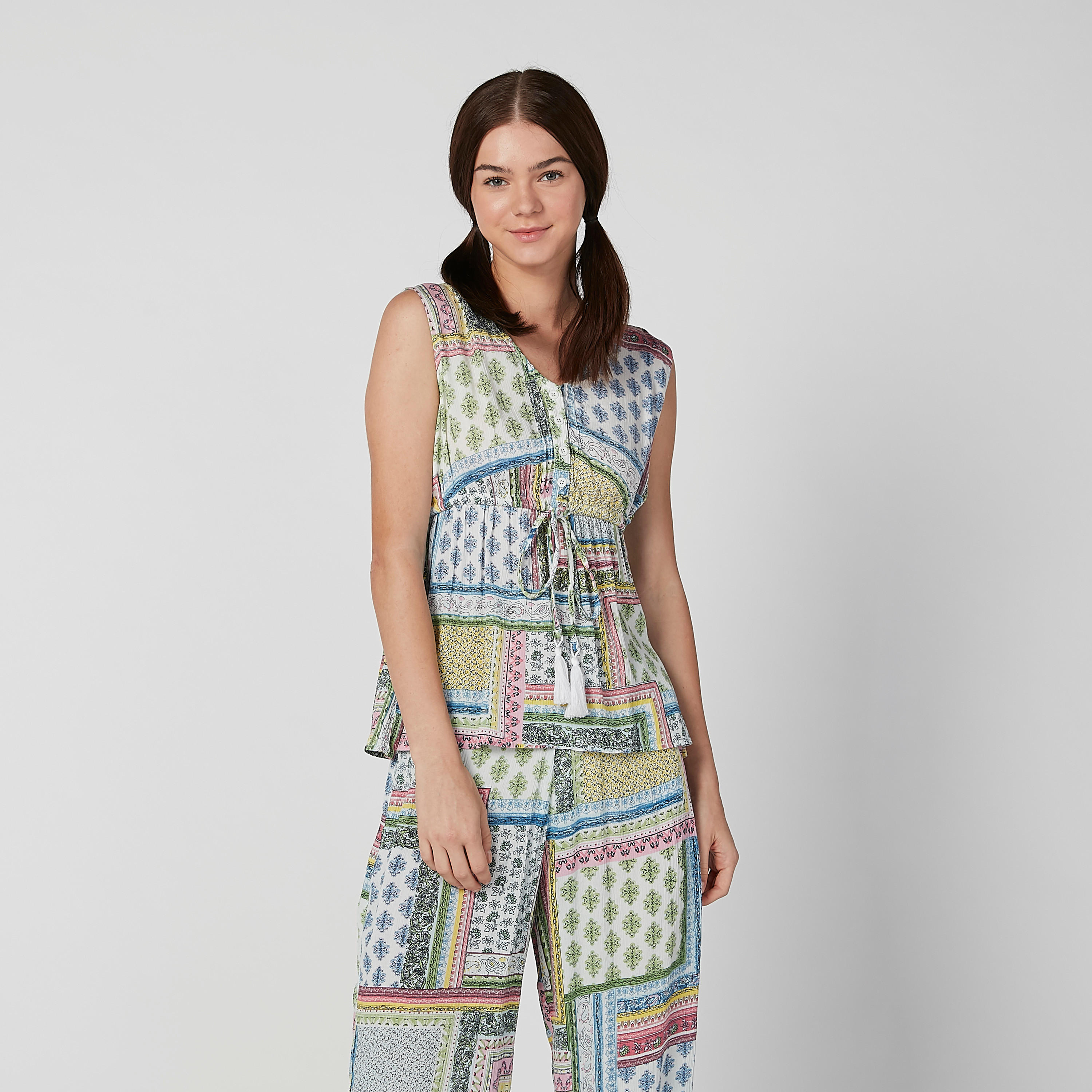 طقم بنطال بيجاما طويل وبلوزة دون أكمام برباط وطبعات-women-clothing-nightwear-pyjamas-longsets-image-3